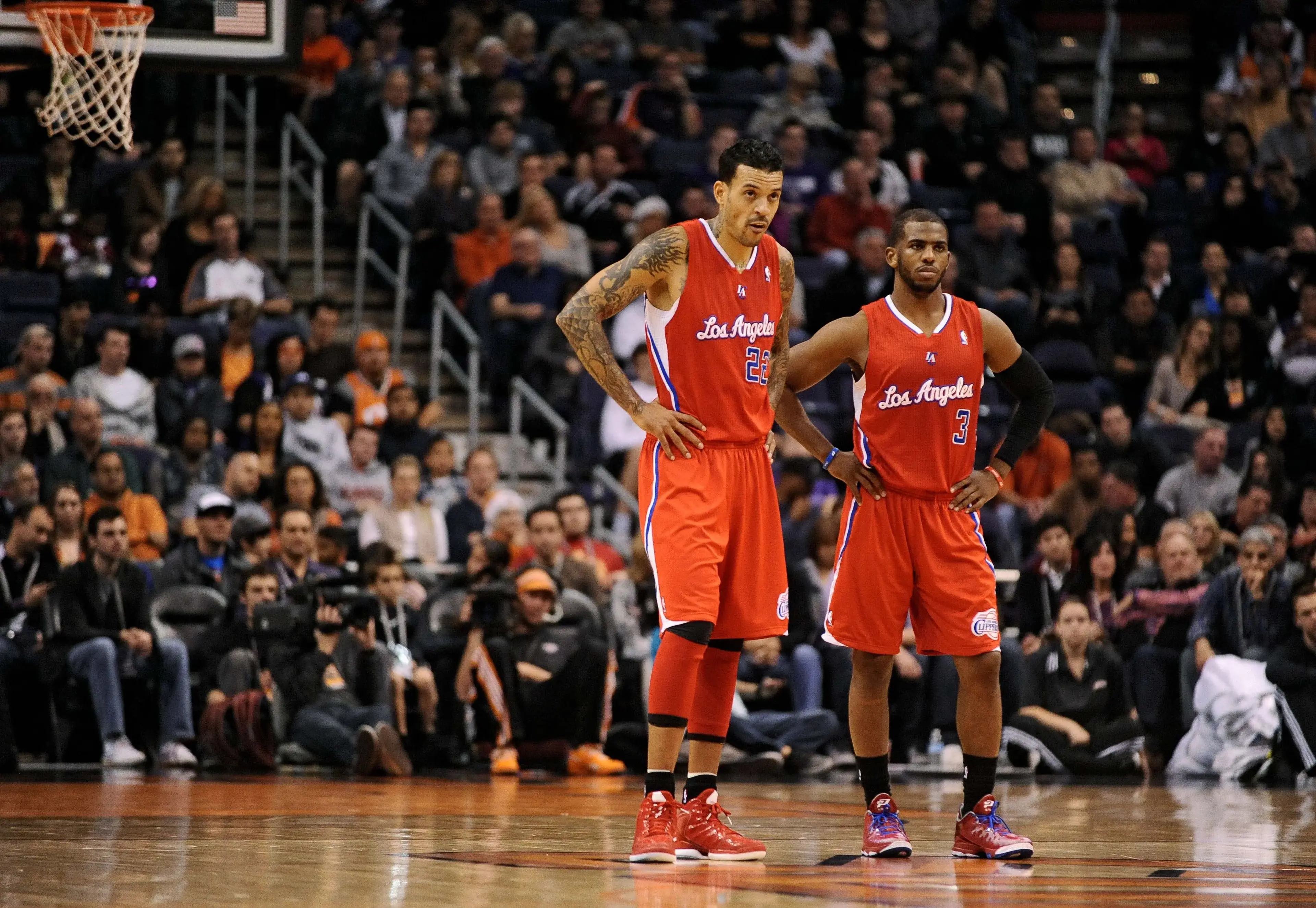 Dec. 23, 2012; Phoenix, AZ, USA; Los Angeles Clippers forward Matt Barnes (22) and guard Chris Paul (3) stand on the court during the game against the Phoenix Suns at US Airways Center. / © Jennifer Stewart-USA TODAY Sports