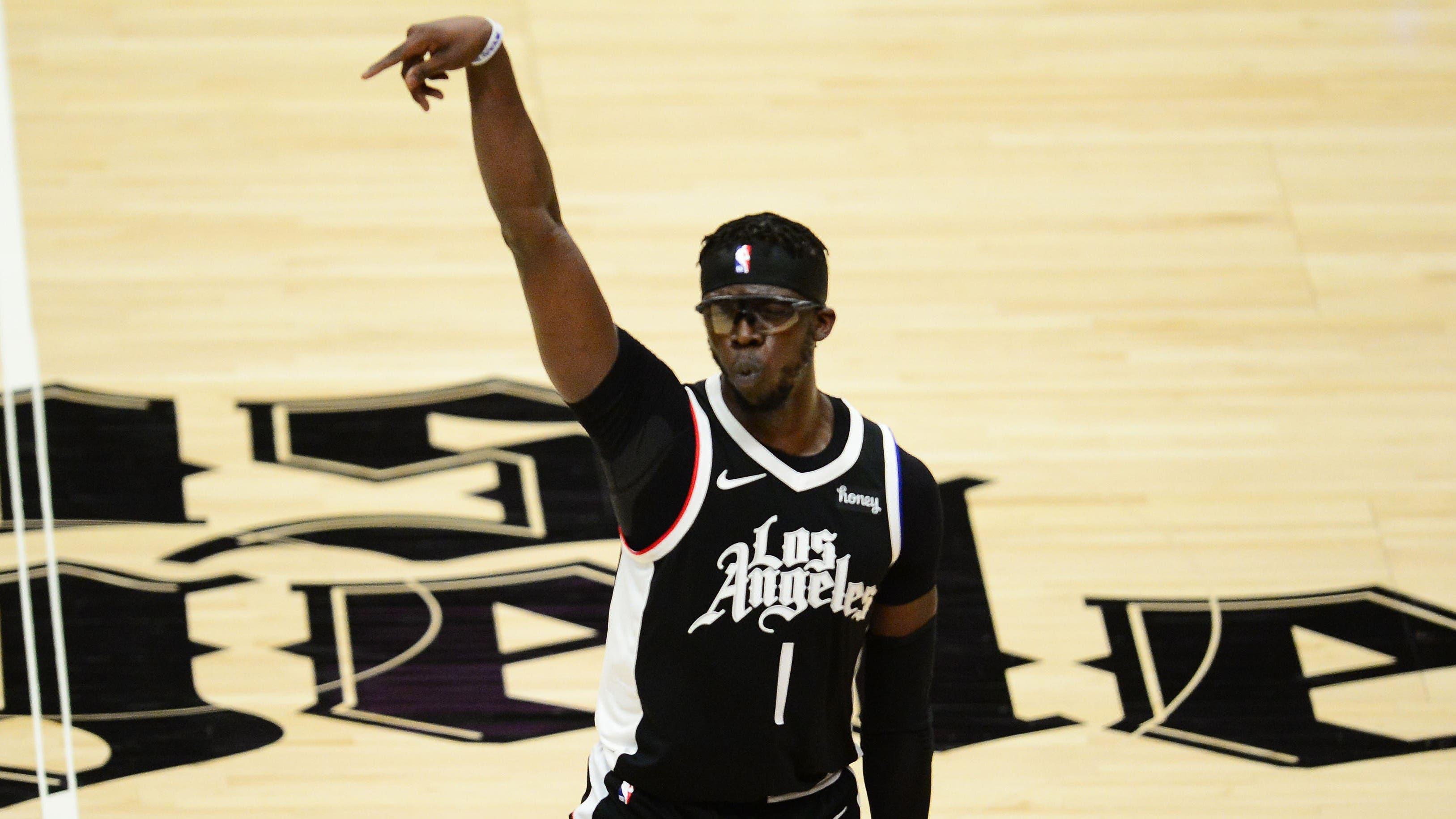 Jun 24, 2021; Los Angeles, California, USA; Los Angeles Clippers guard Reggie Jackson (1) reacts after scoring a three point basket against the Phoenix Suns during the second half in game three of the Western Conference Finals for the 2021 NBA Playoffs at Staples Center. Mandatory Credit: Gary A. Vasquez-USA TODAY Sports / Gary A. Vasquez-USA TODAY Sports