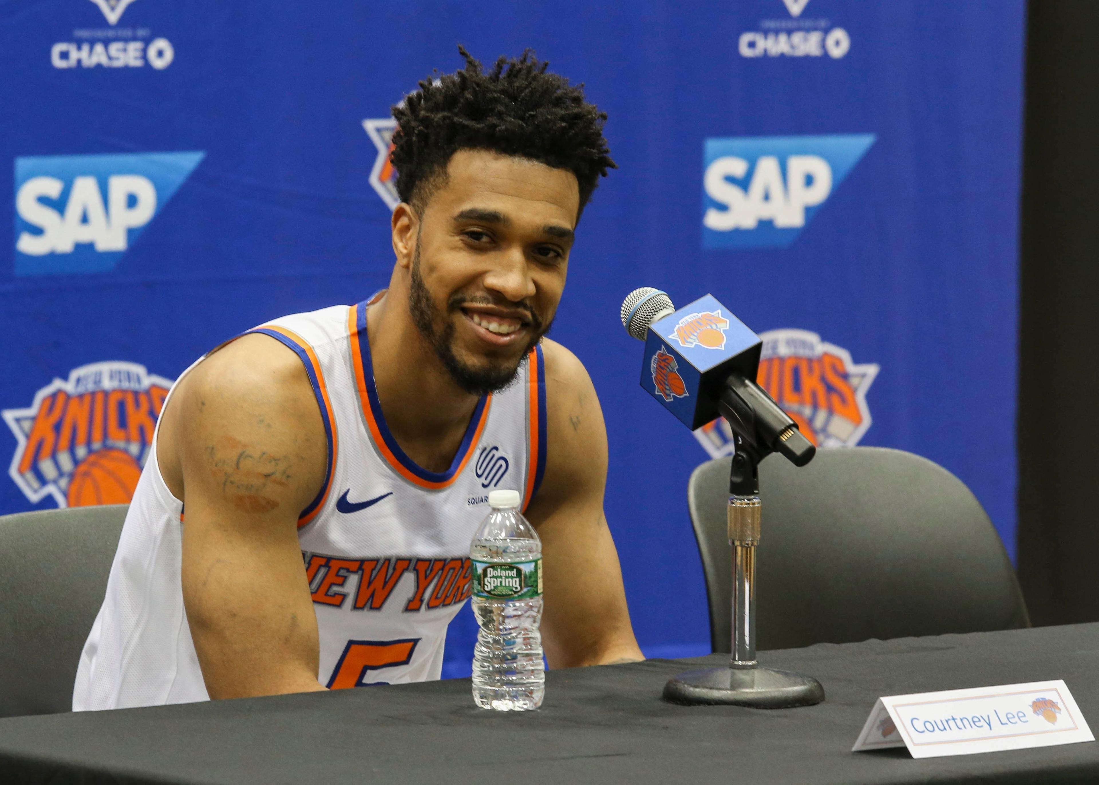 Sep 24, 2018; New York Knicks guard Courtney Lee (5) answers questions at Knicks Media Day in Greenburgh, NY, USA; at MSG training facility. Mandatory Credit: Wendell Cruz-USA TODAY Sports / Wendell Cruz