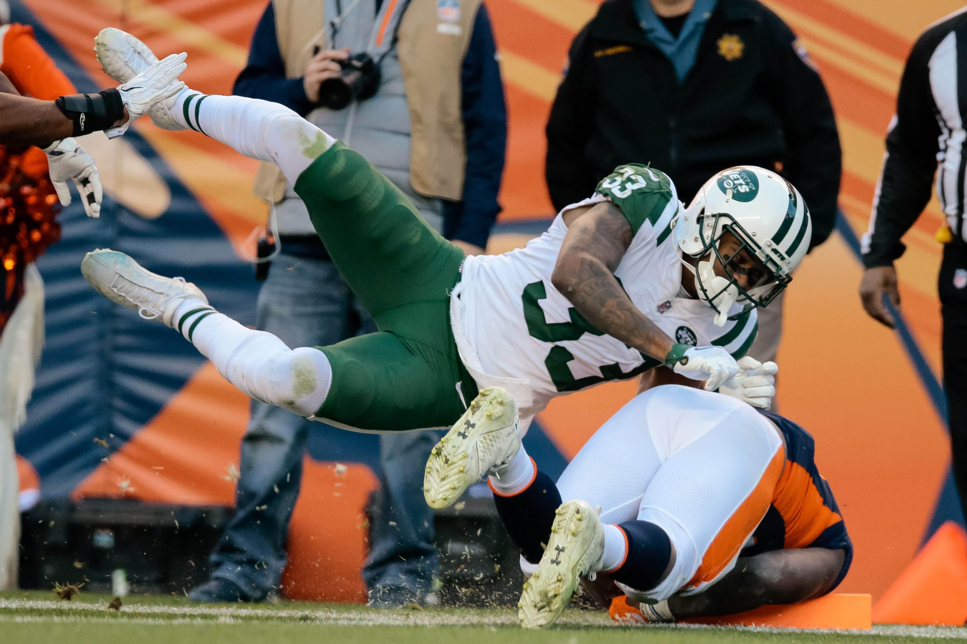 New York Jets strong safety Jamal Adams tackles Denver Broncos running back C.J. Anderson short of the goal line in the third quarter at Sports Authority Field at Mile High. / Isaiah J. Downing-USA TODAY Sports