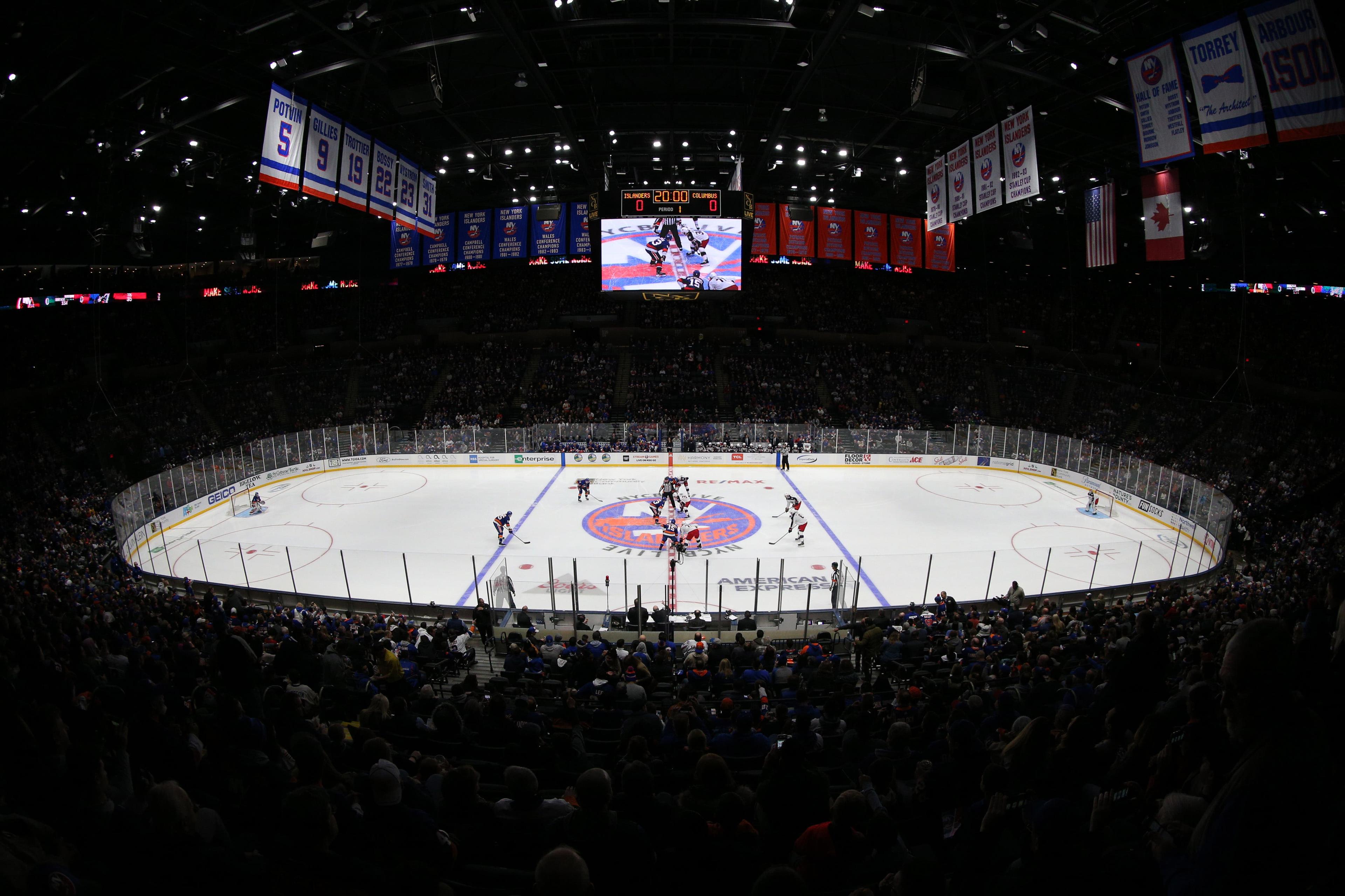 Dec 1, 2018; Uniondale, NY, USA; General view of the opening puck drop between the New York Islanders and the Columbus Blue Jackets during the first period at Nassau Veterans Memorial Coliseum. Mandatory Credit: Brad Penner-USA TODAY Sports / Brad Penner