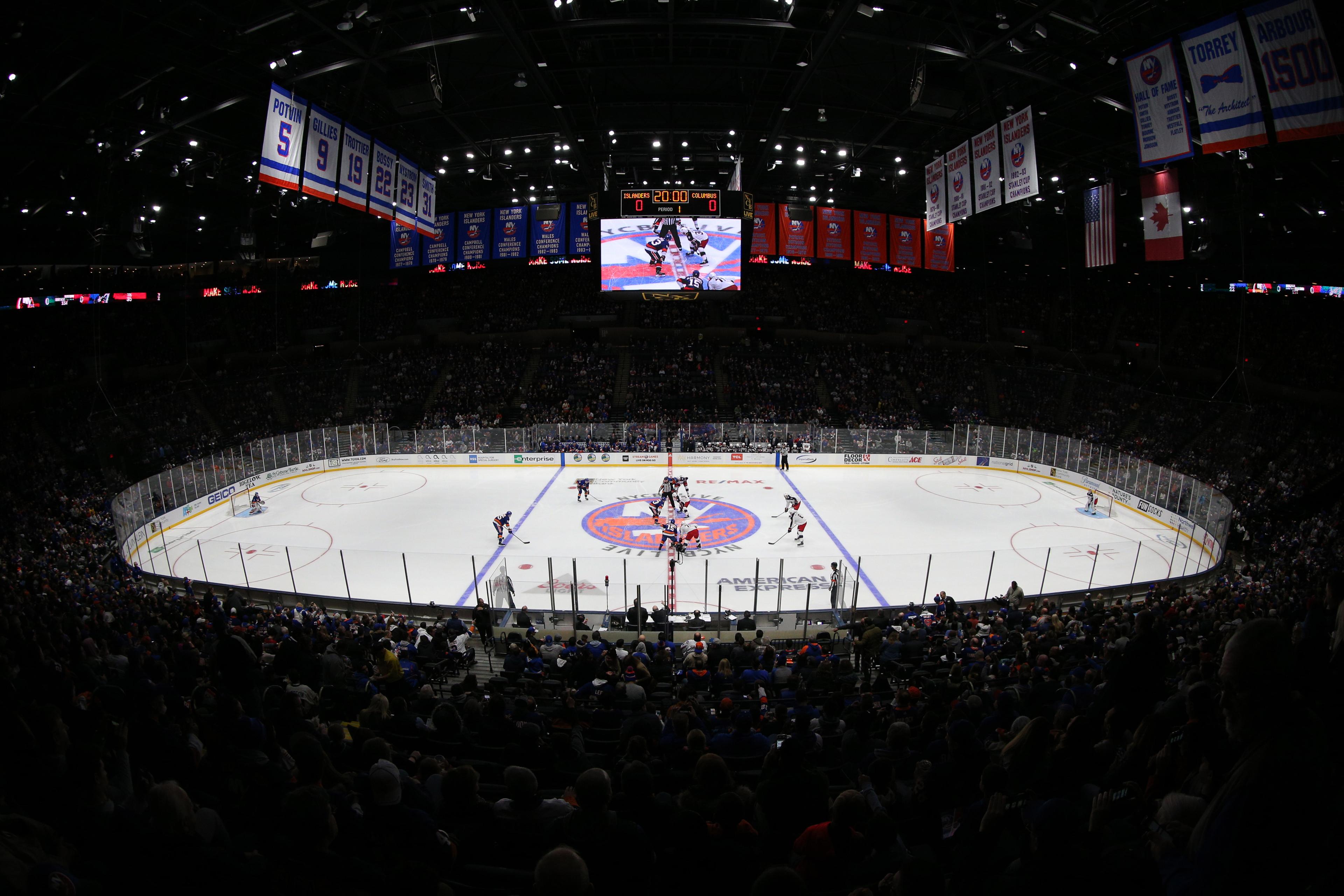 Dec 1, 2018; Uniondale, NY, USA; General view of the opening puck drop between the New York Islanders and the Columbus Blue Jackets during the first period at Nassau Veterans Memorial Coliseum. Mandatory Credit: Brad Penner-USA TODAY Sports