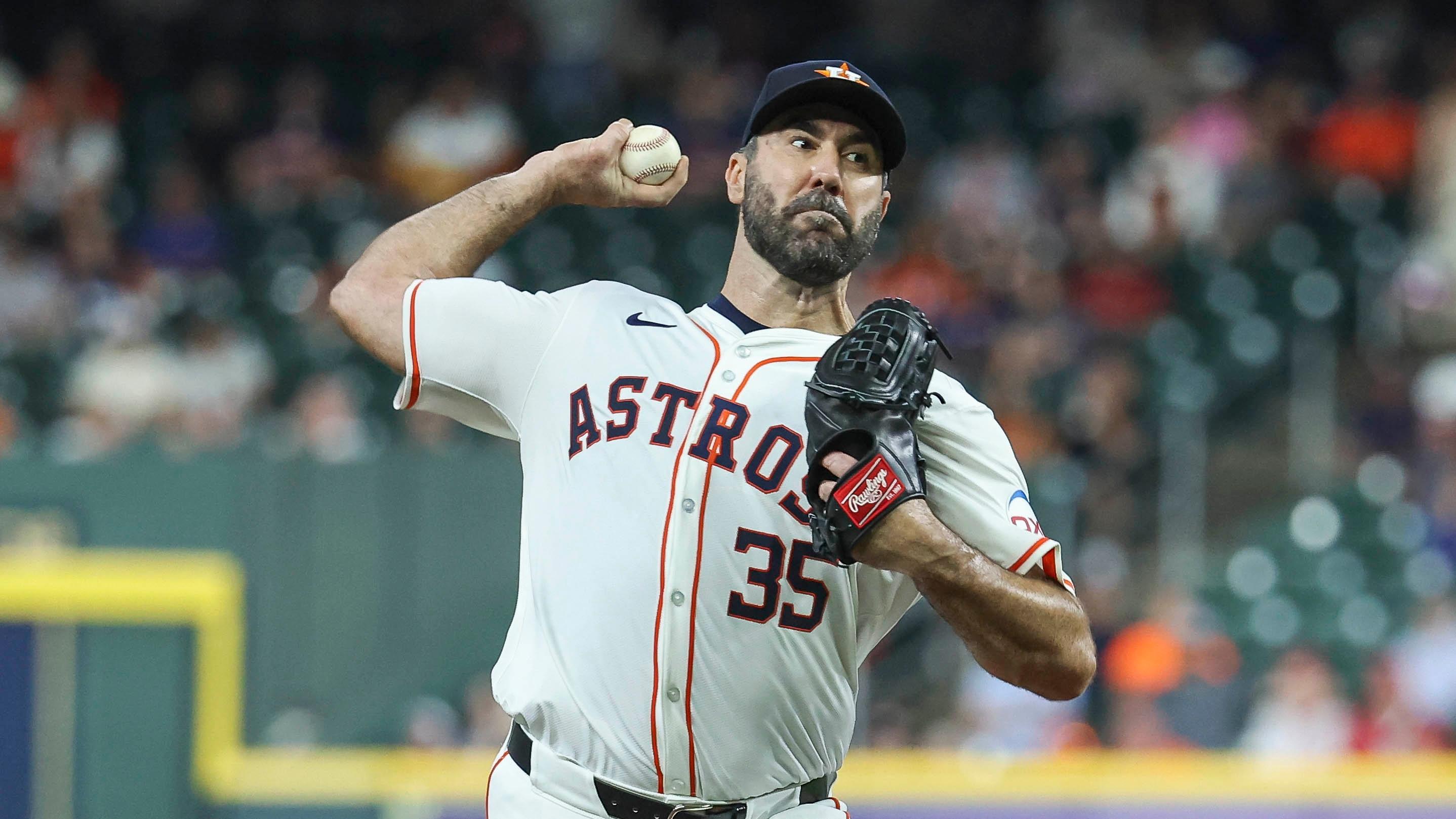 Houston Astros starting pitcher Justin Verlander (35) delivers a pitch during the second inning against the Cleveland Guardians at Minute Maid Park. 