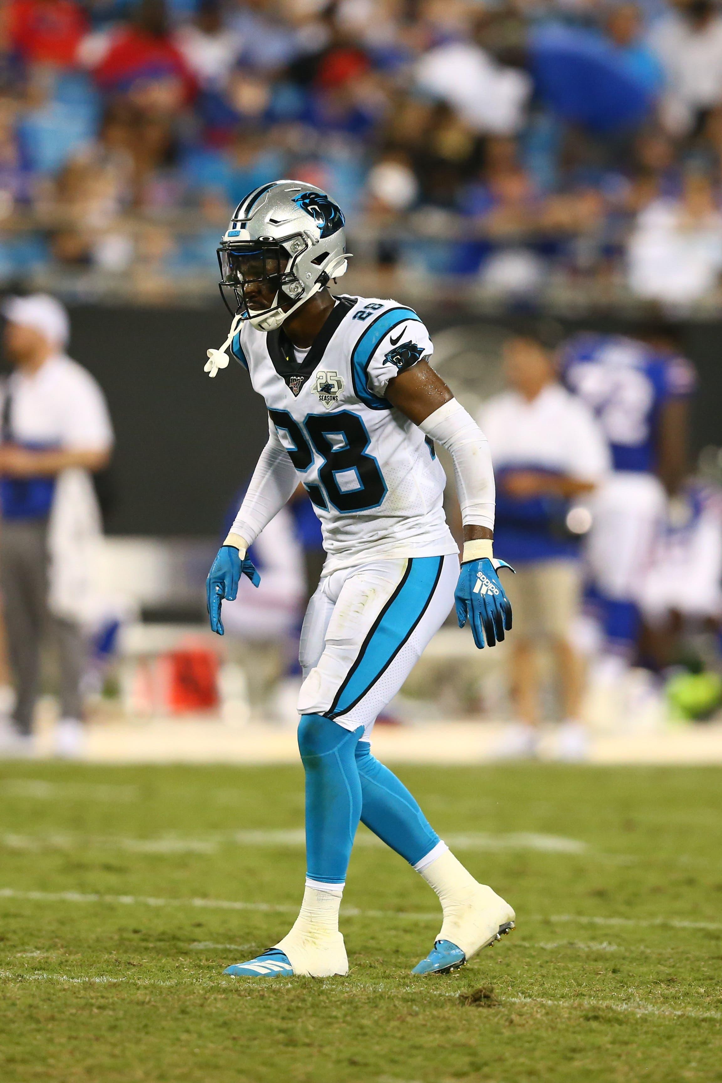 Aug 16, 2019; Charlotte, NC, USA; Carolina Panthers defensive back Rashaan Gaulden (28) lines up during the second half against the Buffalo Bills at Bank of America Stadium. Mandatory Credit: Jeremy Brevard-USA TODAY Sports / Jeremy Brevard