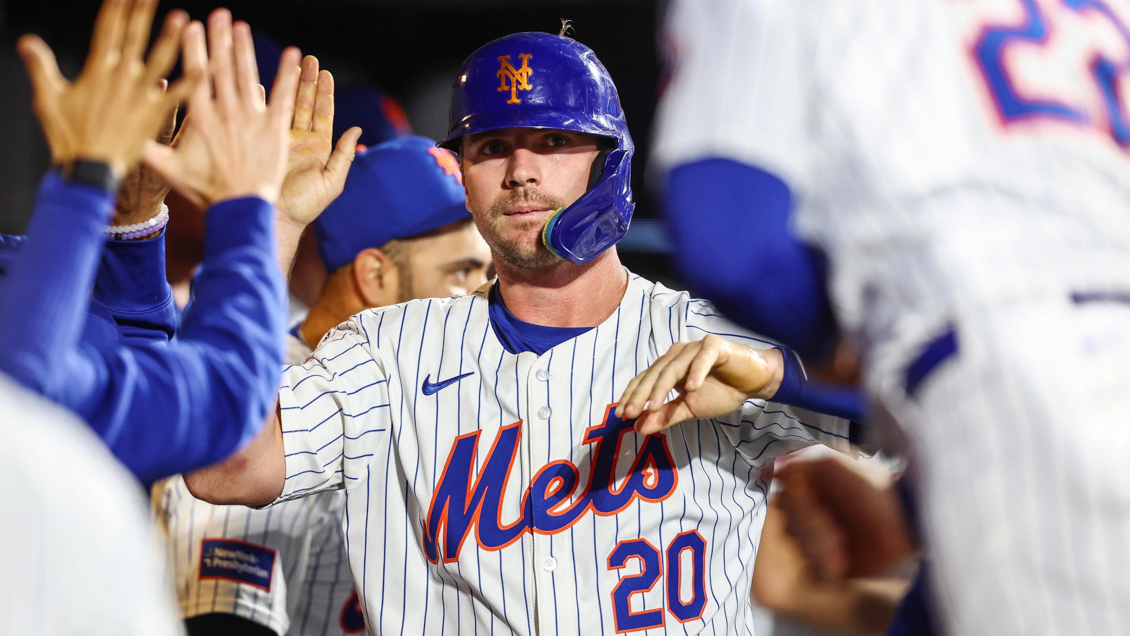 May 30, 2024; New York City, New York, USA; New York Mets pinch hitter Pete Alonso (20) celebrates with teammates in the dugout after scoring the tying run in the seventh inning against the Arizona Diamondbacks at Citi Field. / Wendell Cruz - USA TODAY Sports