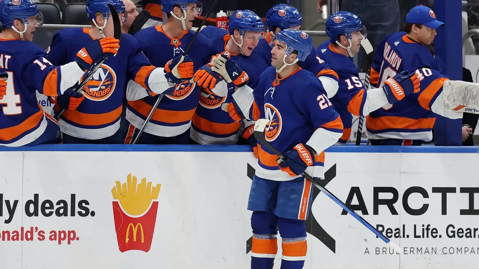 New York Islanders center Kyle Palmieri (21) celebrates his natural hat trick against the Boston Bruins with teammates during the first quarter at UBS Arena. / Brad Penner-USA TODAY Sports
