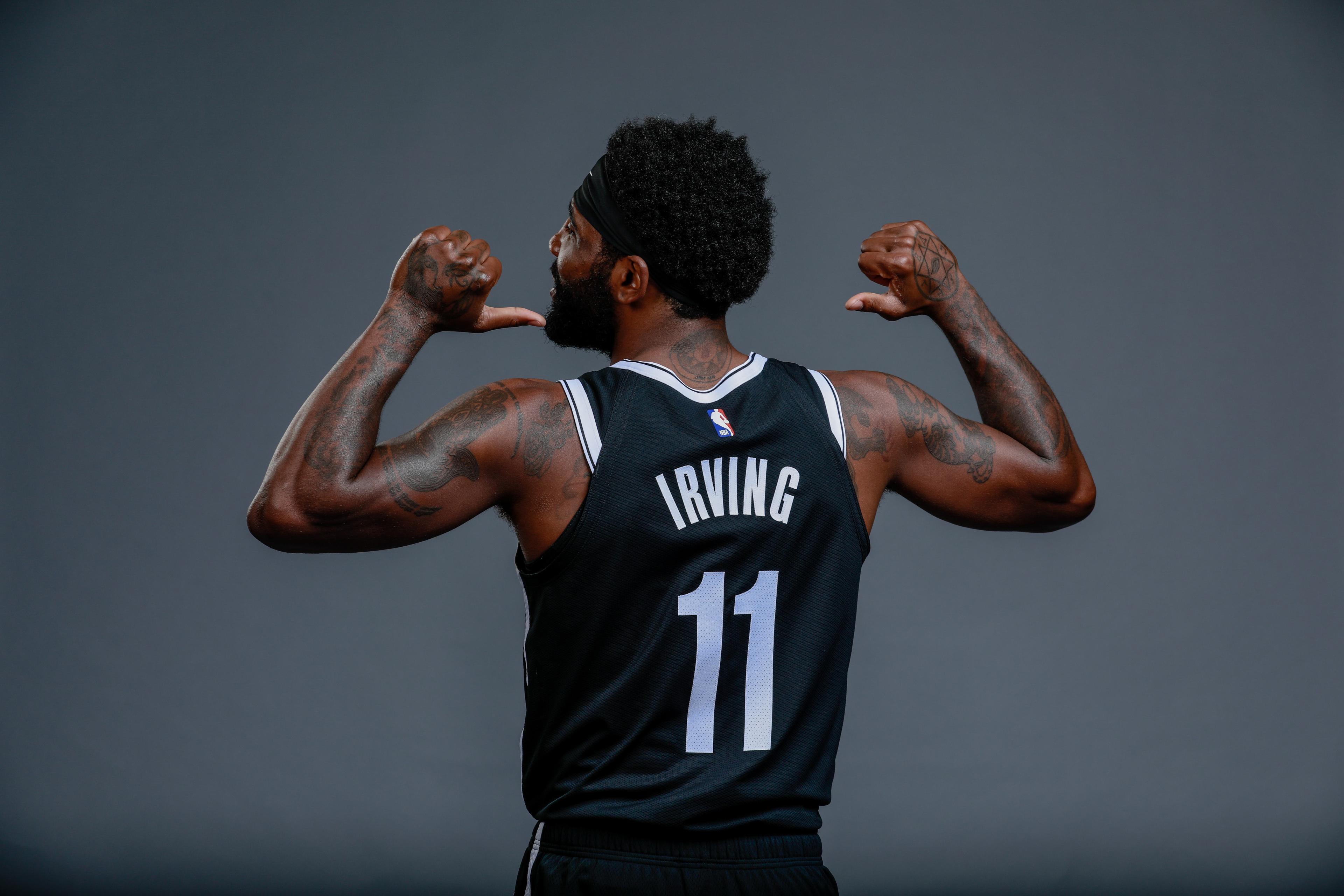 Sep 27, 2019; Brooklyn, NY, USA; Brooklyn Nets guard Kyrie Irving (11) poses for a portrait during media day at HSS Training Center. Mandatory Credit: Nicole Sweet-USA TODAY Sports / Nicole Sweet