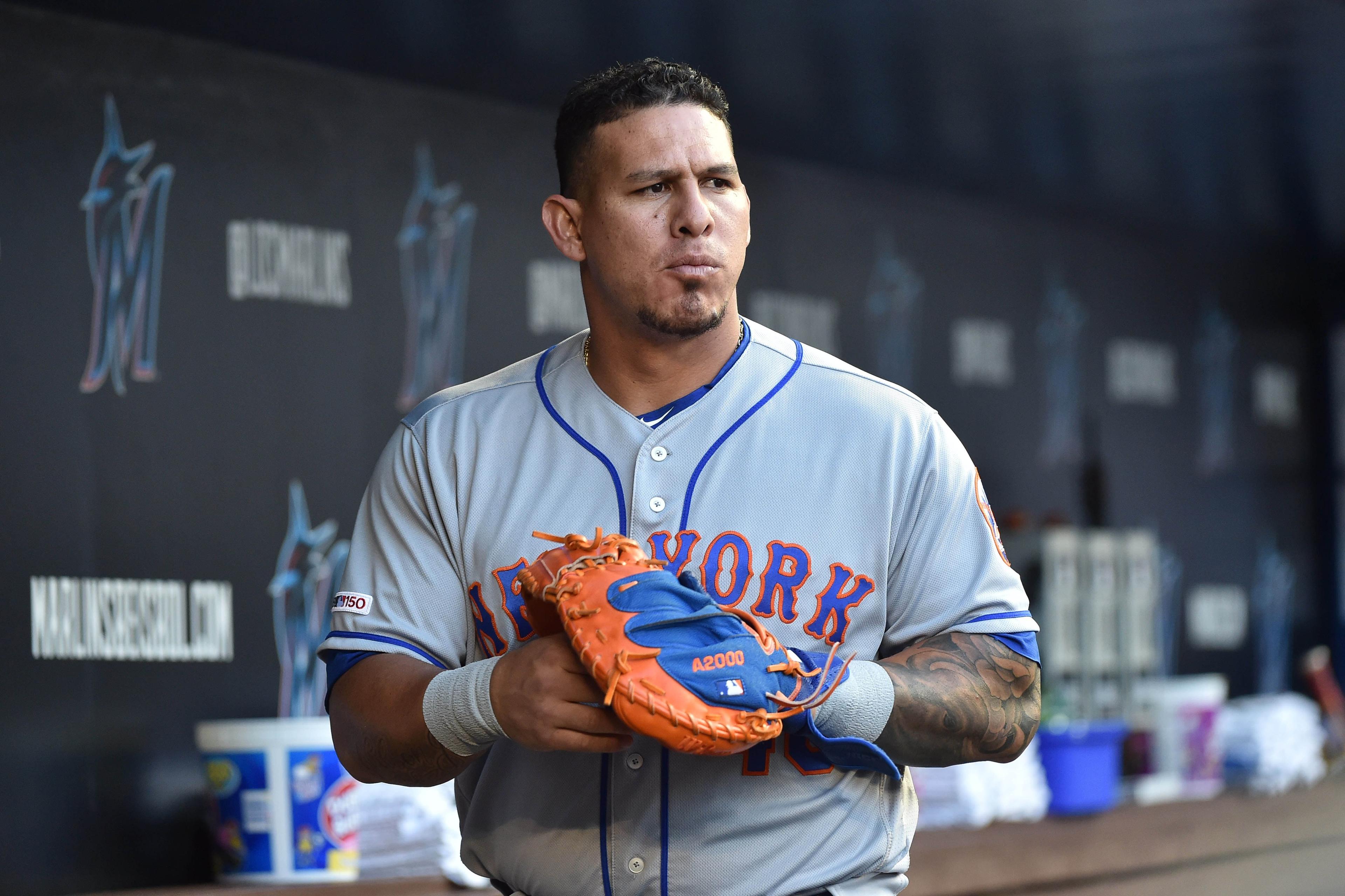 Apr 2, 2019; Miami, FL, USA; New York Mets catcher Wilson Ramos (40) in the dugout before the game against the Miami Marlins at Marlins Park. Mandatory Credit: Steve Mitchell-USA TODAY Sports / Steve Mitchell