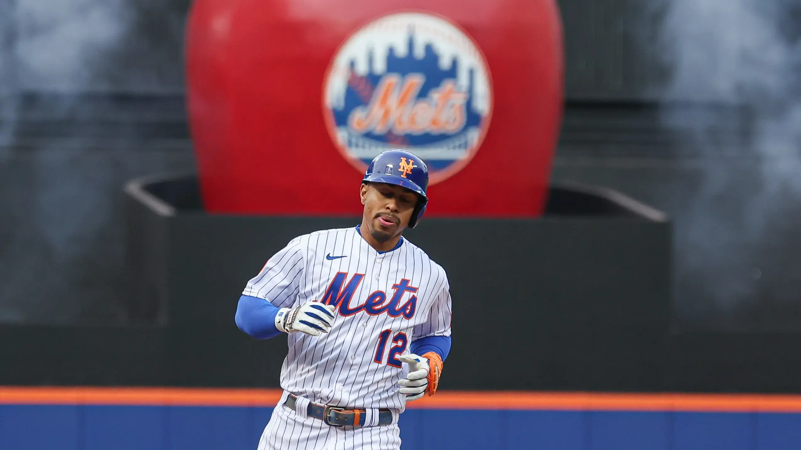 New York City, New York, USA; New York Mets shortstop Francisco Lindor (12) rounds third base after hitting a two run home run during the third inning against the Miami Marlins at Citi Field. / Vincent Carchietta - USA TODAY Sports