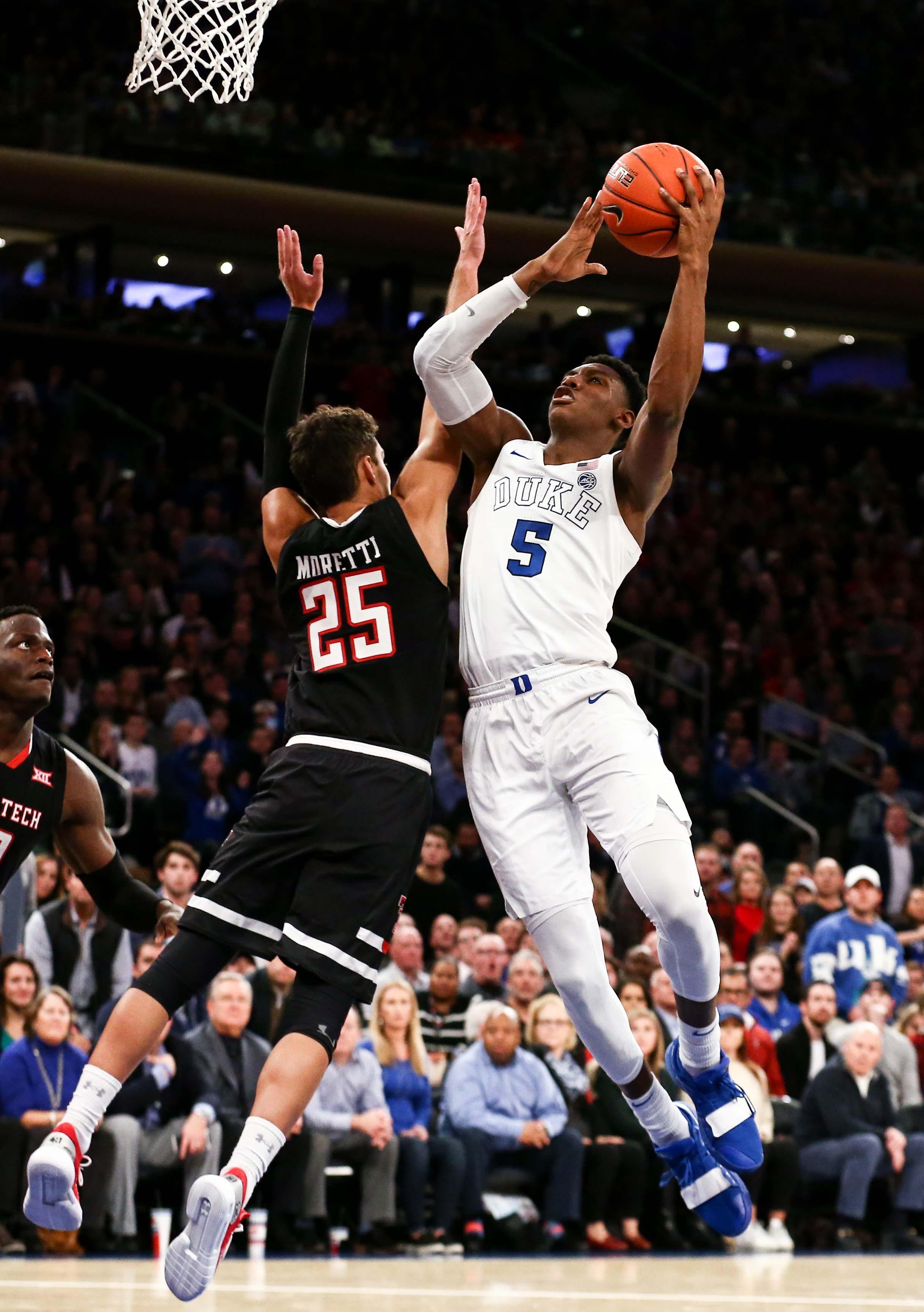 Duke Blue Devils forward RJ Barrett puts up a shot against Texas Tech Red Raiders guard Davide Moretti in the second half of the Ameritas Insurance Classic at Madison Square Garden. / Nicole Sweet/USA TODAY Sports