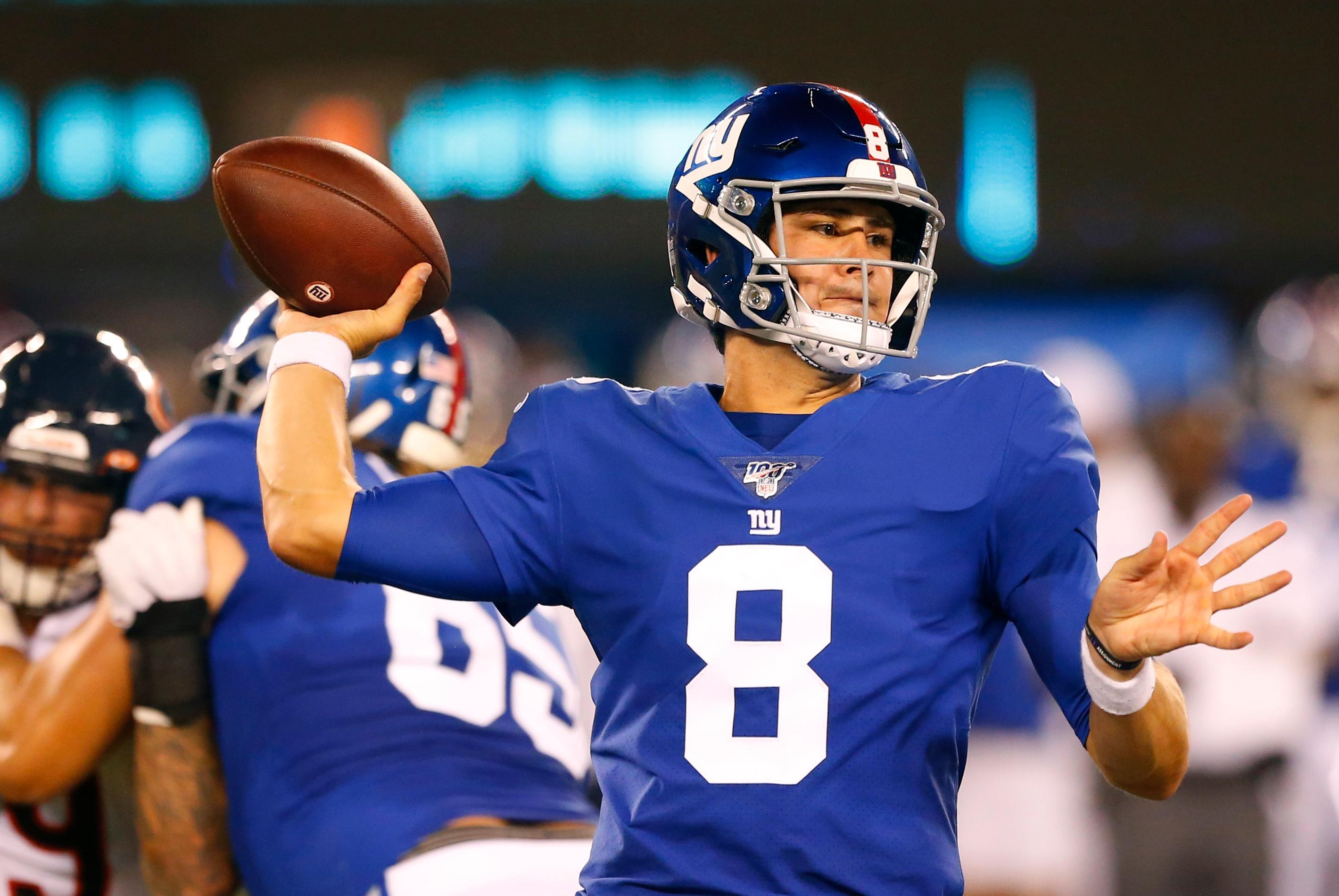 Aug 16, 2019; East Rutherford, NJ, USA; New York Giants quarterback Daniel Jones (8) passes against the Chicago Bears during the first half at MetLife Stadium. Mandatory Credit: Noah K. Murray-USA TODAY Sports