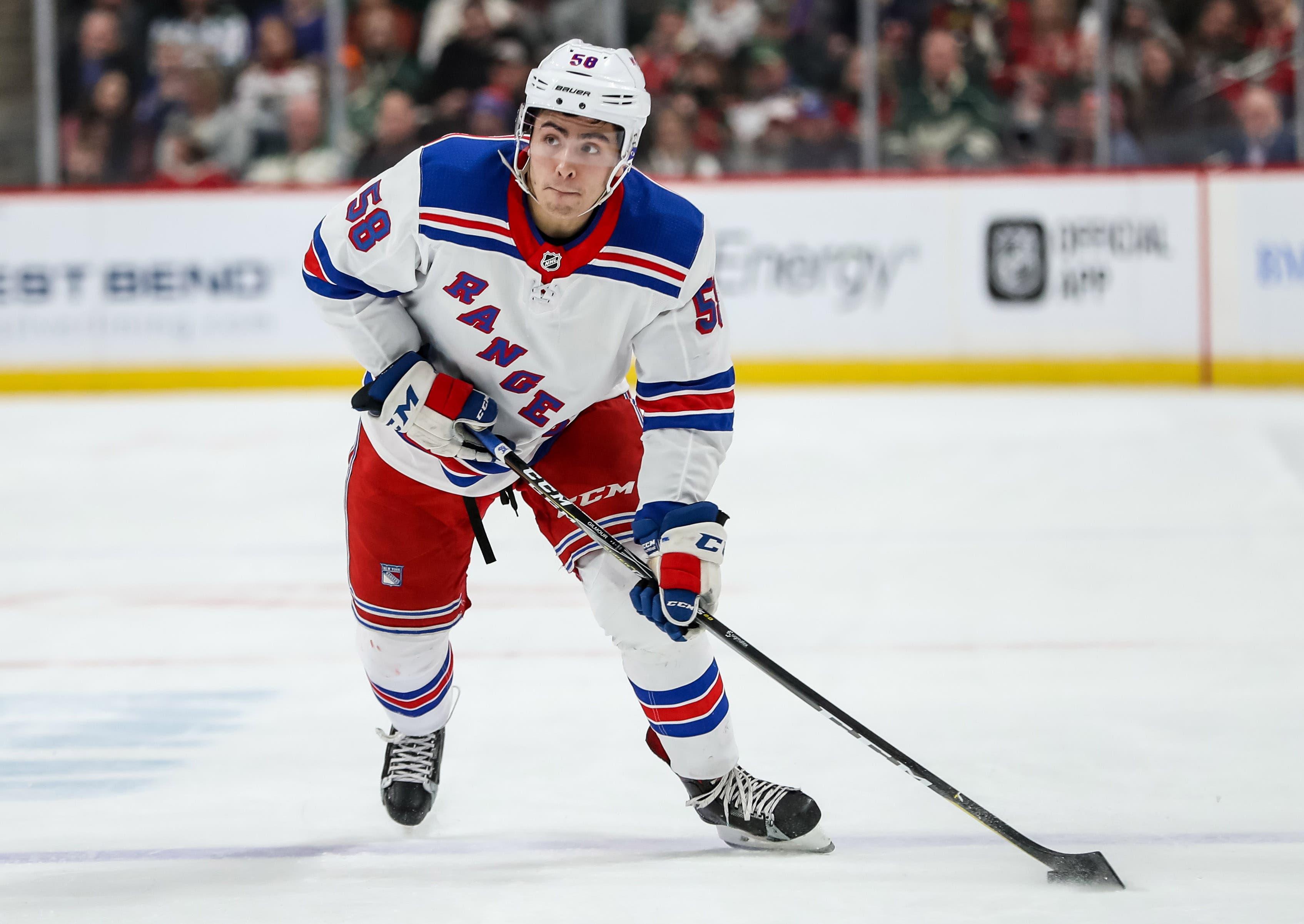 Feb 13, 2018; Saint Paul, MN, USA; New York Rangers defenseman John Gilmour (58) looks to pass during the first period against the Minnesota Wild at Xcel Energy Center. Mandatory Credit: Brace Hemmelgarn-USA TODAY Sports / Brace Hemmelgarn