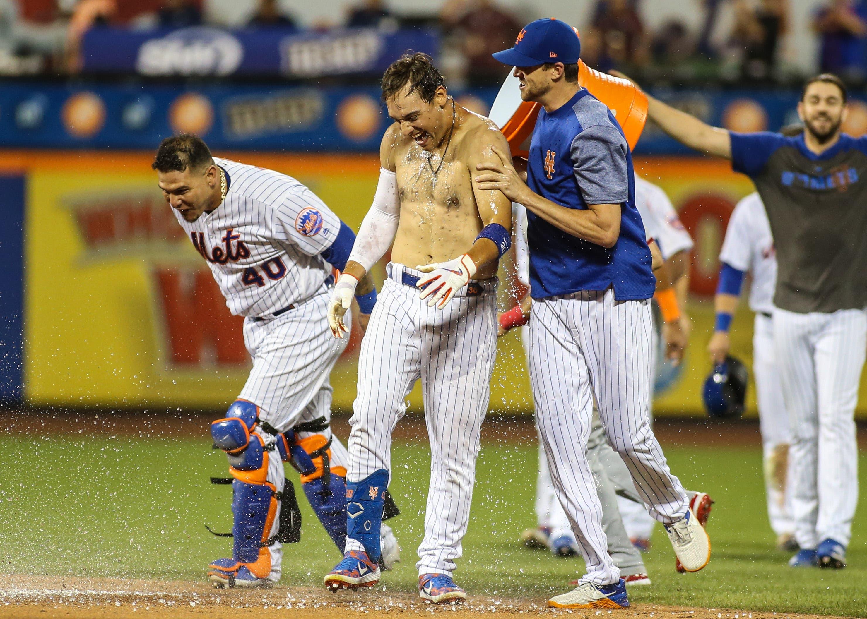 Aug 9, 2019; New York City, NY, USA; New York Mets catcher Wilson Ramos (40), pitcher Jacob deGrom (48) and center fielder Michael Conforto (30) at Citi Field. Mandatory Credit: Wendell Cruz-USA TODAY Sports / Wendell Cruz