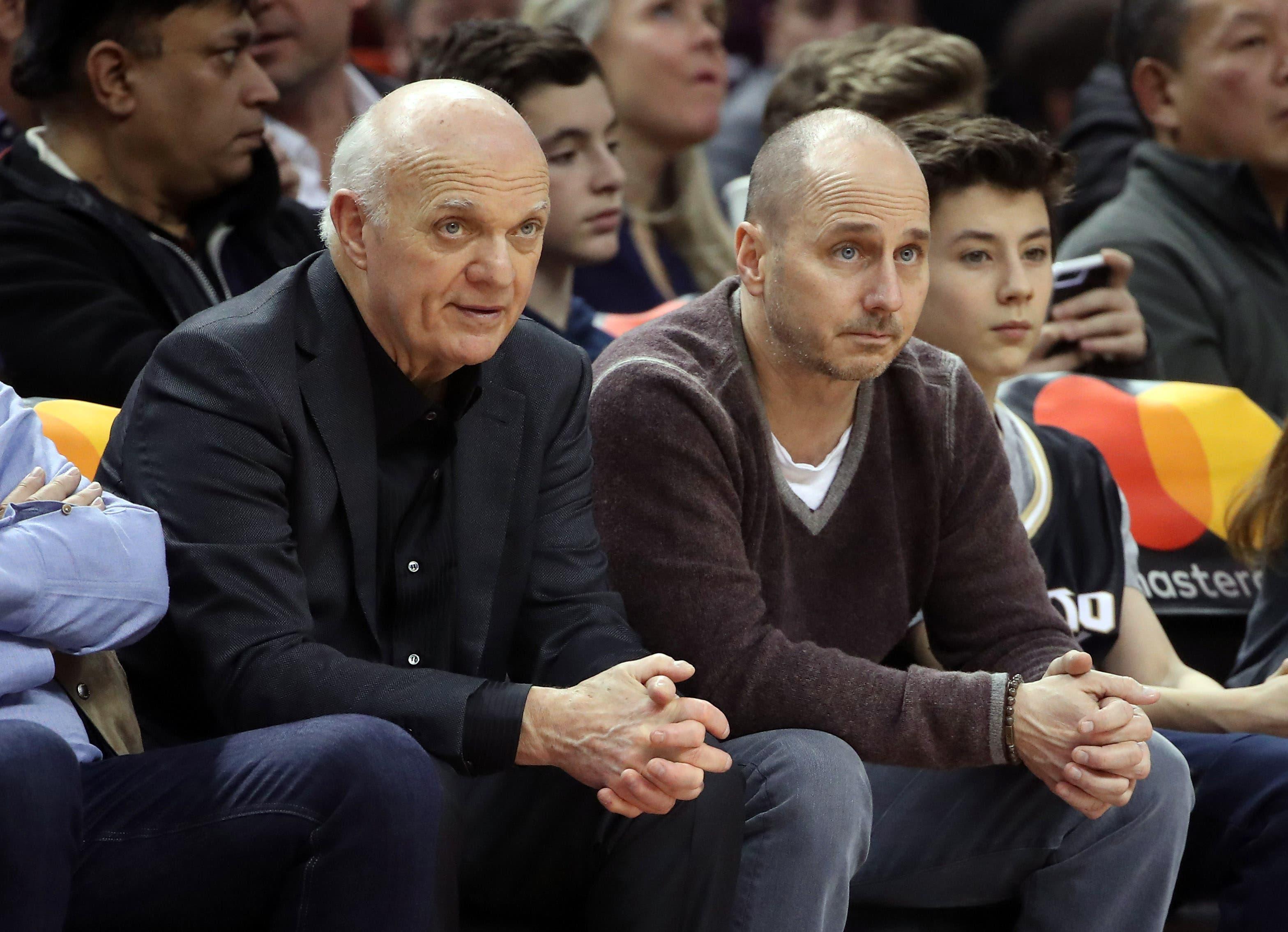 Jan 22, 2017; Toronto, Ontario, CAN; Toronto Maple Leafs general manager Lou Lamoriello and New York Yankees general manager Brian Cashman watch the Toronto Raptors play against the Phoenix Suns at Air Canada Centre. Mandatory Credit: Tom Szczerbowski-USA TODAY Sports / Tom Szczerbowski