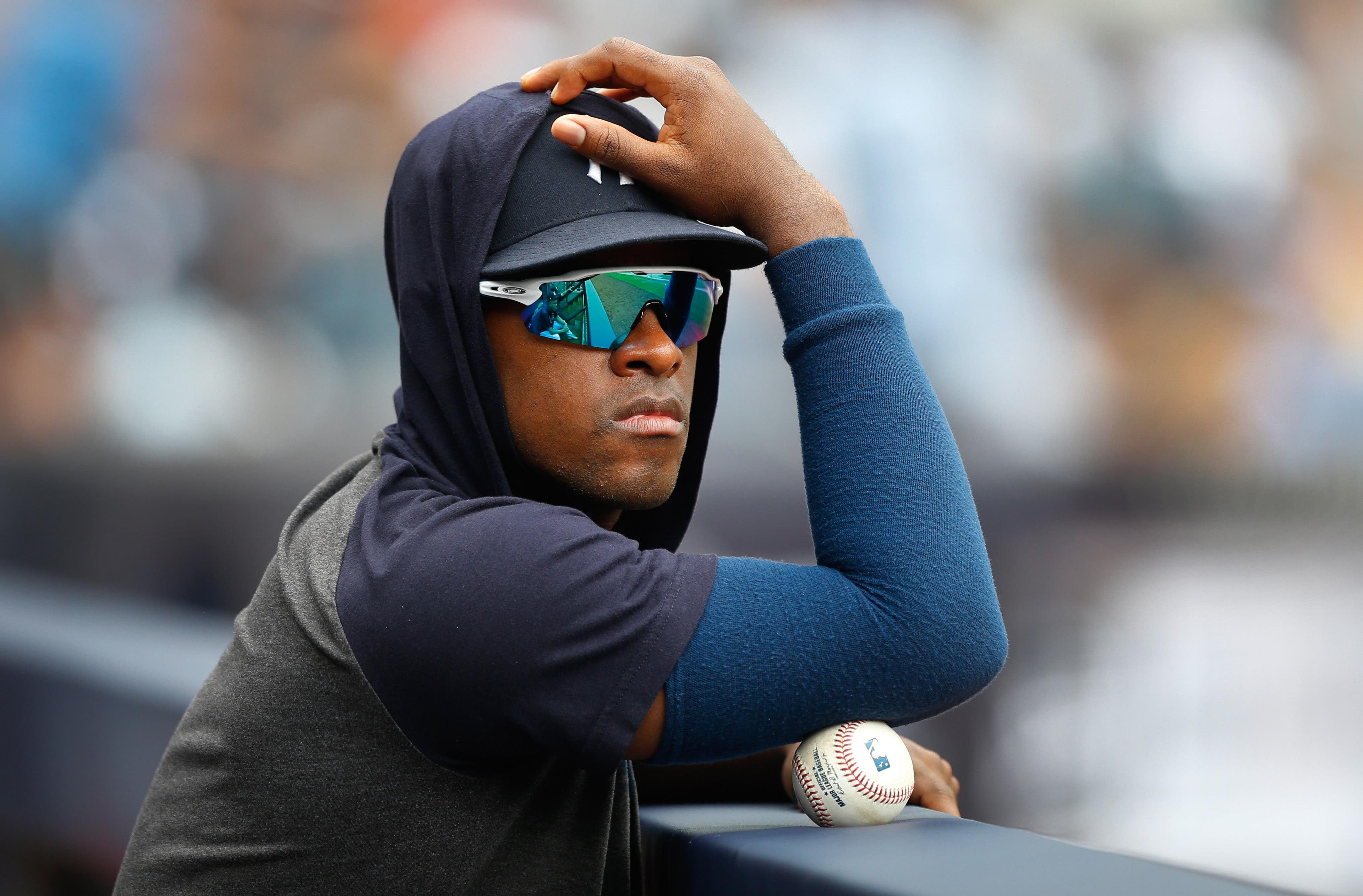 Aug 14, 2019; Bronx, NY, USA; New York Yankees pitcher Luis Severino in the in the dugout during game against the Baltimore Orioles at Yankee Stadium. Mandatory Credit: Noah K. Murray-USA TODAY Sports / Noah K. Murray