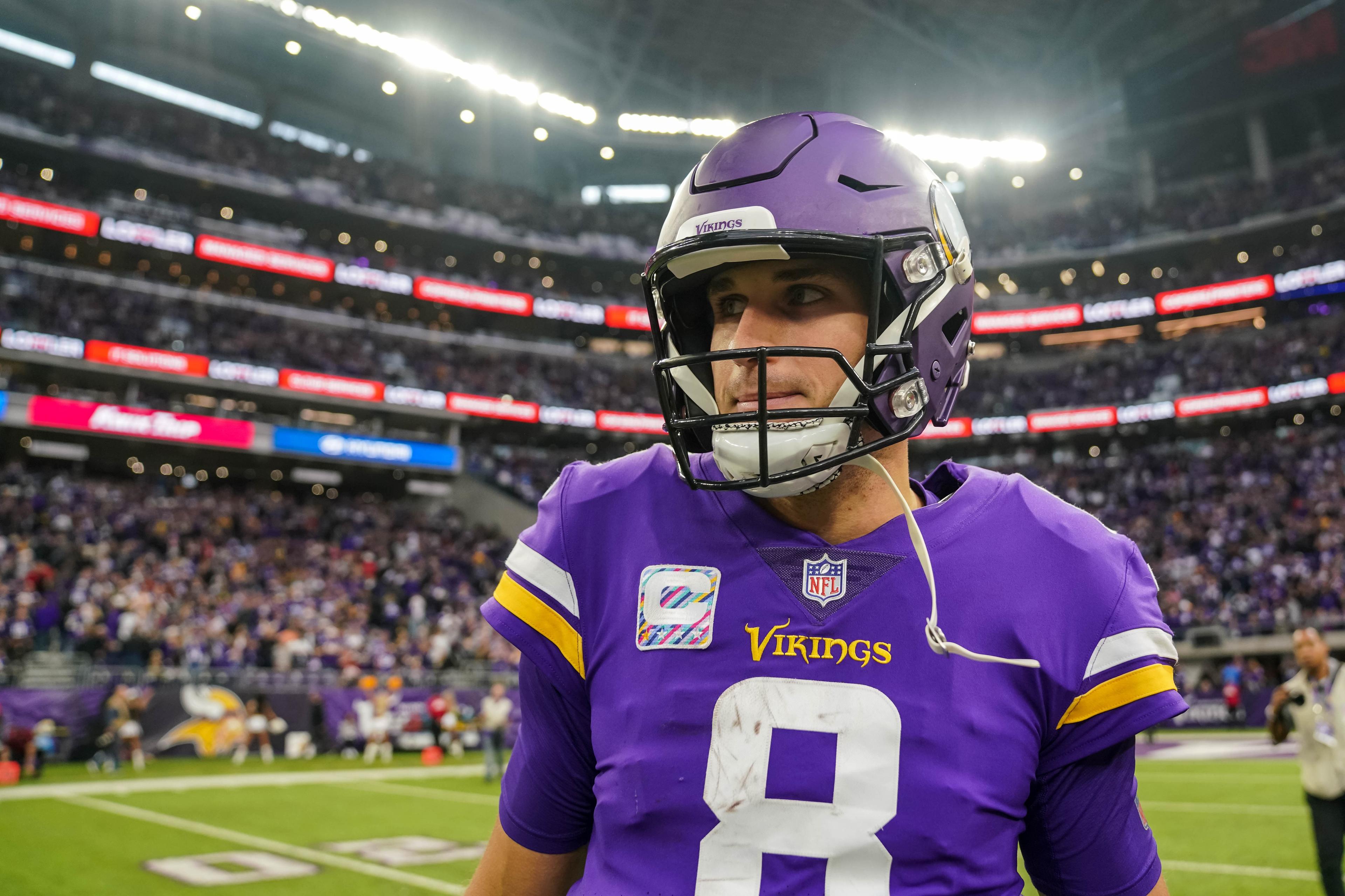 Oct 14, 2018; Minneapolis, MN, USA; Minnesota Vikings quarterback Kirk Cousins (8) looks on following the game against the Arizona Cardinals at U.S. Bank Stadium. Mandatory Credit: Brace Hemmelgarn-USA TODAY Sports / Brace Hemmelgarn