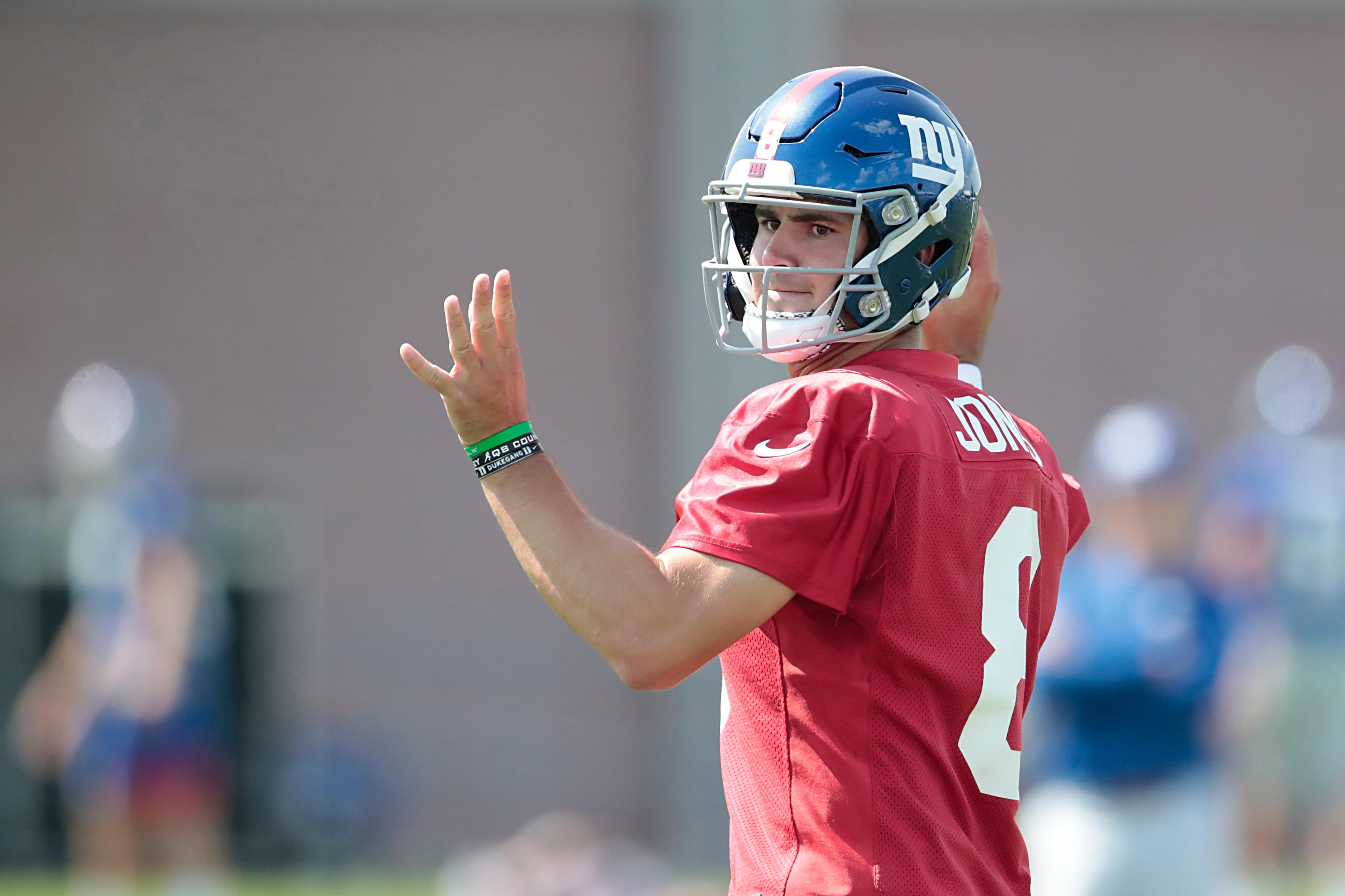 Jul 25, 2019; East Rutherford, NJ, USA; New York Giants quarterback Daniel Jones (8) throws a pass in drills during the first day of training camp at Quest Diagnostics Training Center. Mandatory Credit: Vincent Carchietta-USA TODAY Sports