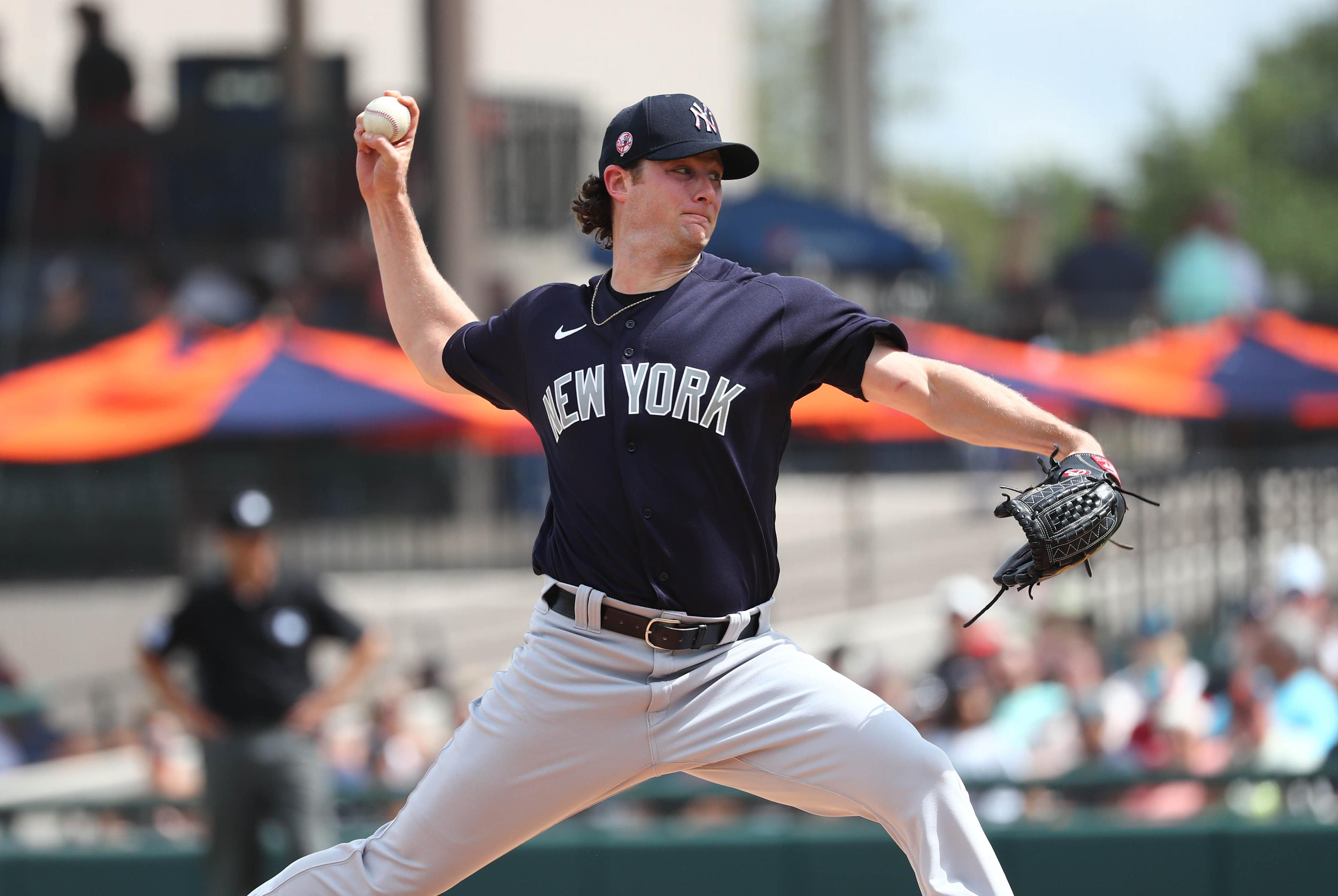 Mar 5, 2020; Lakeland, Florida, USA; New York Yankees starting pitcher Gerrit Cole (45) throws a pitch during the first inning against the Detroit Tigers at Publix Field at Joker Marchant Stadium. Mandatory Credit: Kim Klement-USA TODAY Sports / Kim Klement