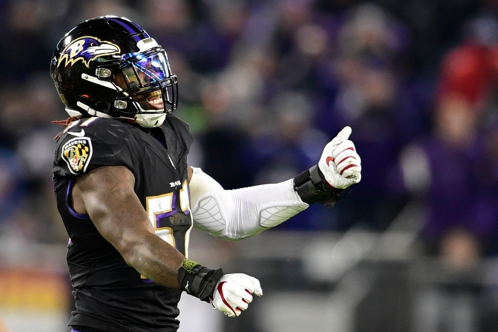 Dec 30, 2018; Baltimore, MD, USA; Baltimore Ravens inside linebacker C.J. Mosley (57) reacts after sacking Cleveland Browns quarterback Baker Mayfield (not pictured) during the second half at M&T Bank Stadium. Mandatory Credit: Tommy Gilligan-USA TODAY Sports / Tommy Gilligan