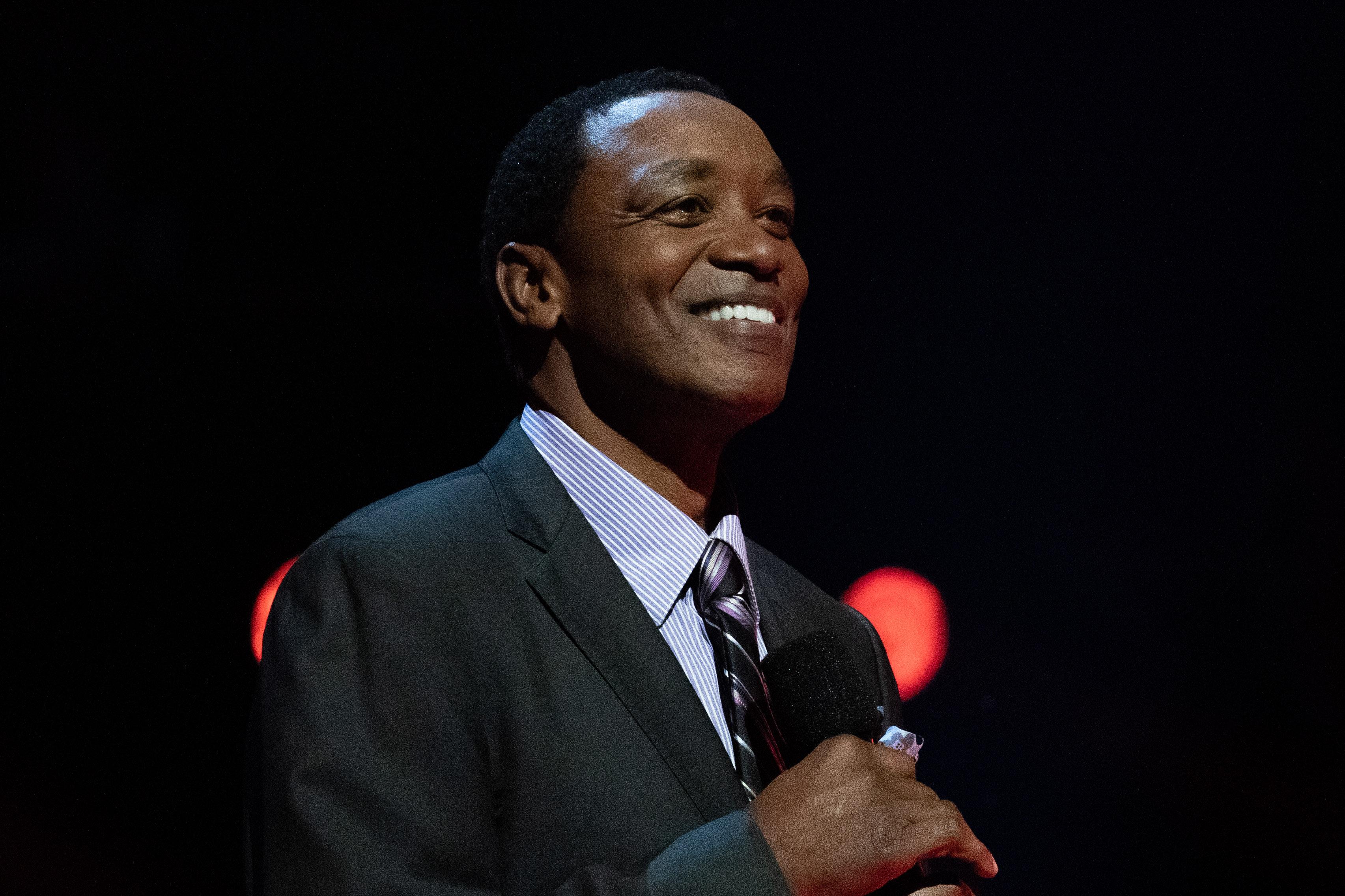 February 15, 2020; Chicago, Illinois, USA; NBA former player Isiah Thomas during NBA All Star Saturday Night at United Center. Mandatory Credit: Kyle Terada-USA TODAY Sports