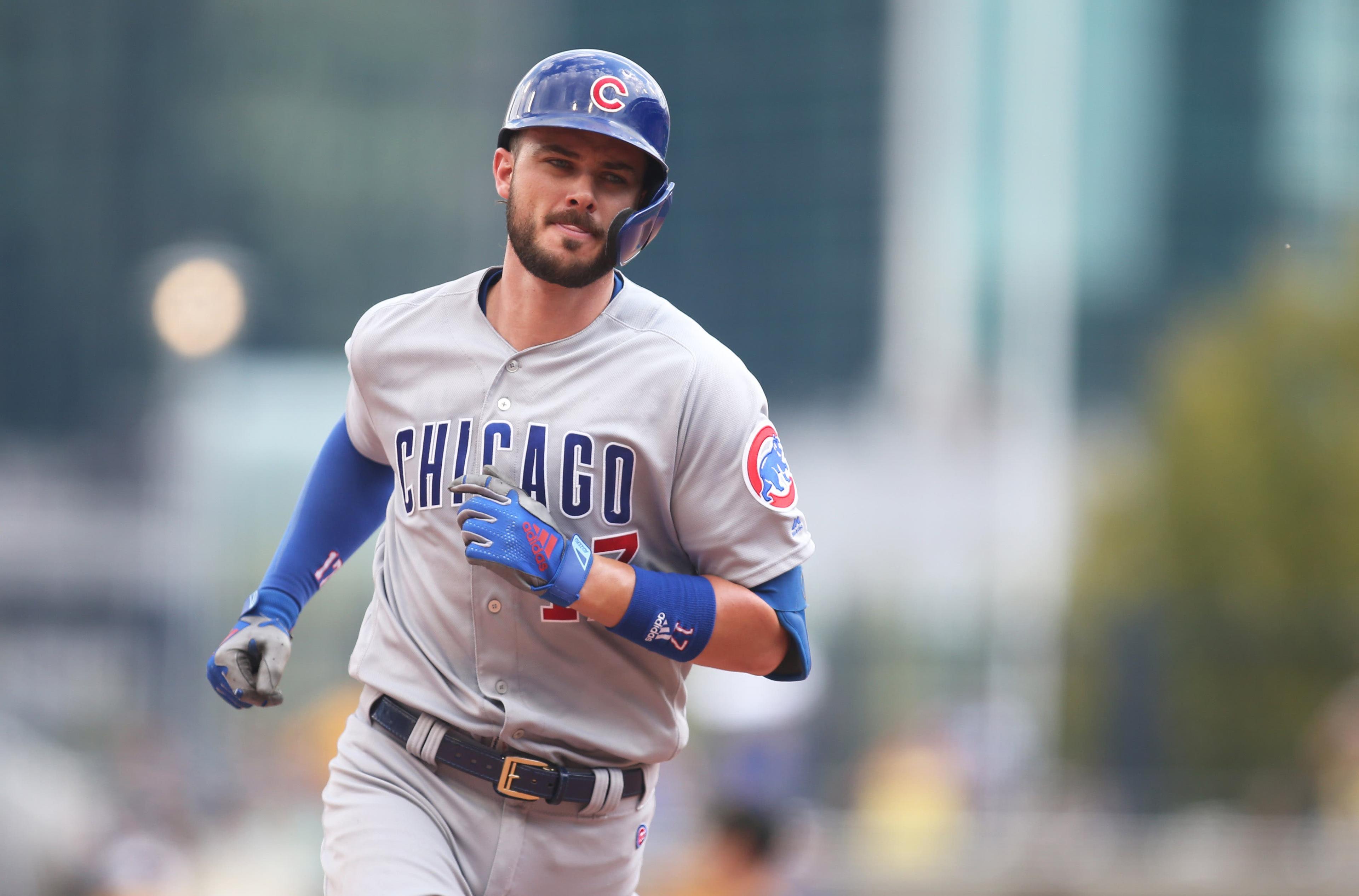 Aug 17, 2019; Pittsburgh, PA, USA; Chicago Cubs third baseman Kris Bryant (17) circles the bases on a solo home run against the Pittsburgh Pirates during the seventh inning at PNC Park. Mandatory Credit: Charles LeClaire-USA TODAY Sports / Charles LeClaire