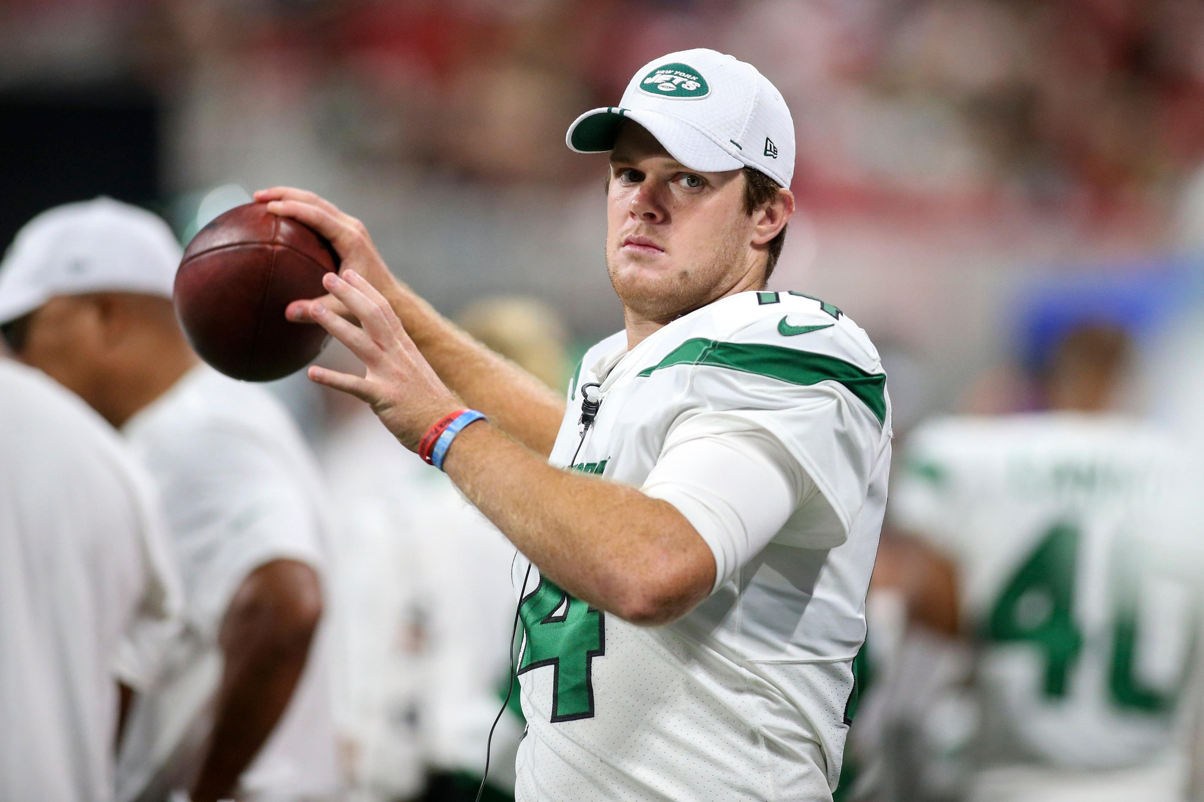 Aug 15, 2019; Atlanta, GA, USA; New York Jets quarterback Sam Darnold (14) throws on the sideline against the Atlanta Falcons in the second half at Mercedes-Benz Stadium. Mandatory Credit: Brett Davis-USA TODAY Sports / Brett Davis