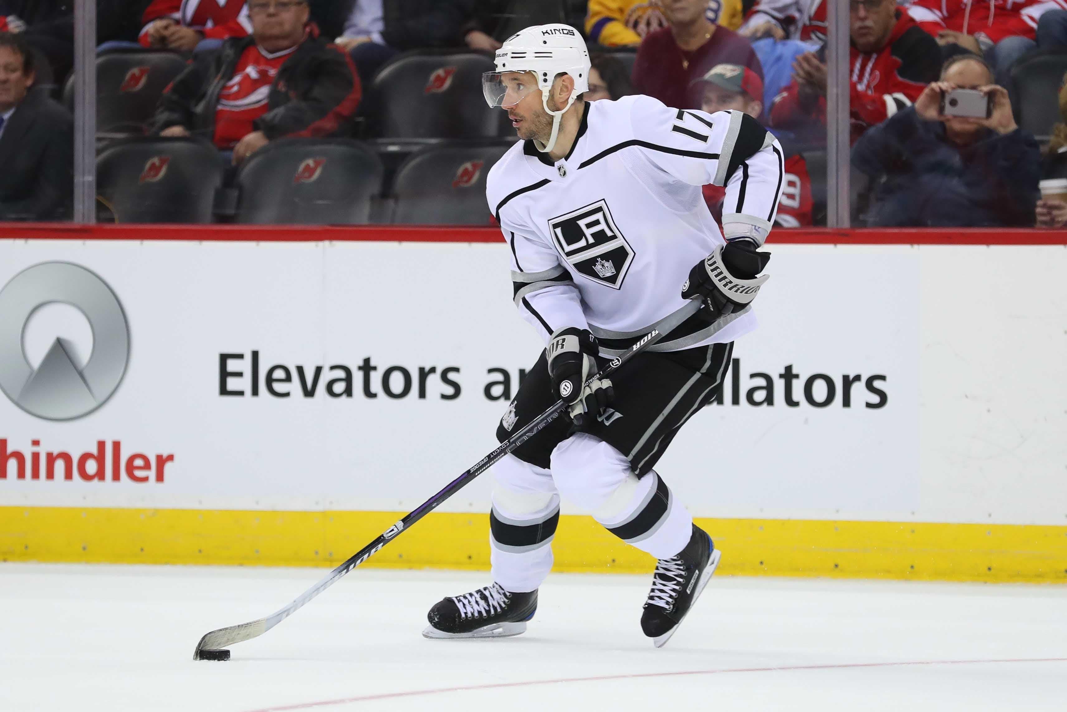 Feb 5, 2019; Newark, NJ, USA; Los Angeles Kings left wing Ilya Kovalchuk (17) skates with the puck during the second period of their game against the New Jersey Devils at Prudential Center. Mandatory Credit: Ed Mulholland-USA TODAY Sports / Ed Mulholland