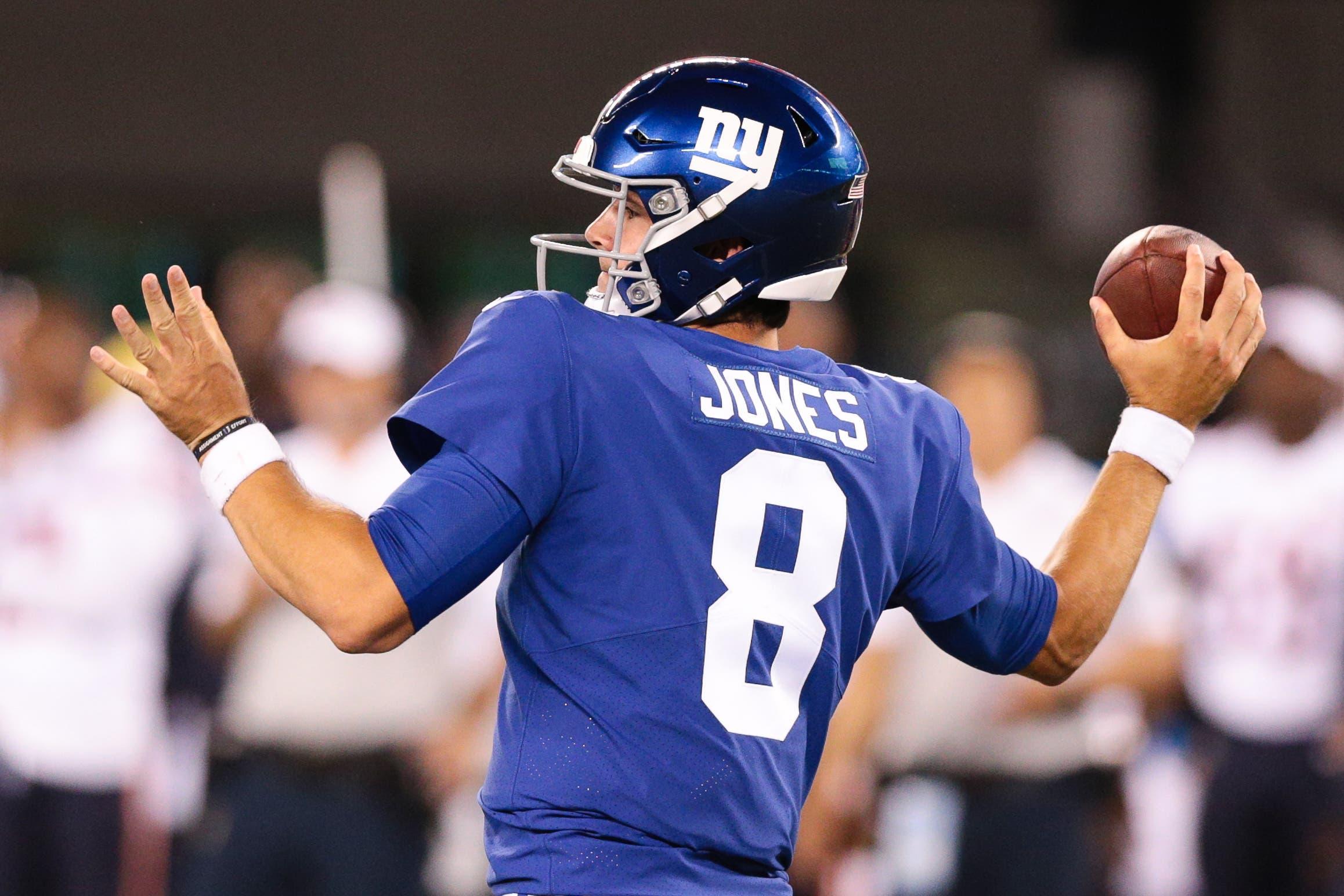 Aug 16, 2019; East Rutherford, NJ, USA; New York Giants quarterback Daniel Jones (8) throws the ball during the first half against the Chicago Bears at MetLife Stadium. Mandatory Credit: Vincent Carchietta-USA TODAY Sports / Vincent Carchietta