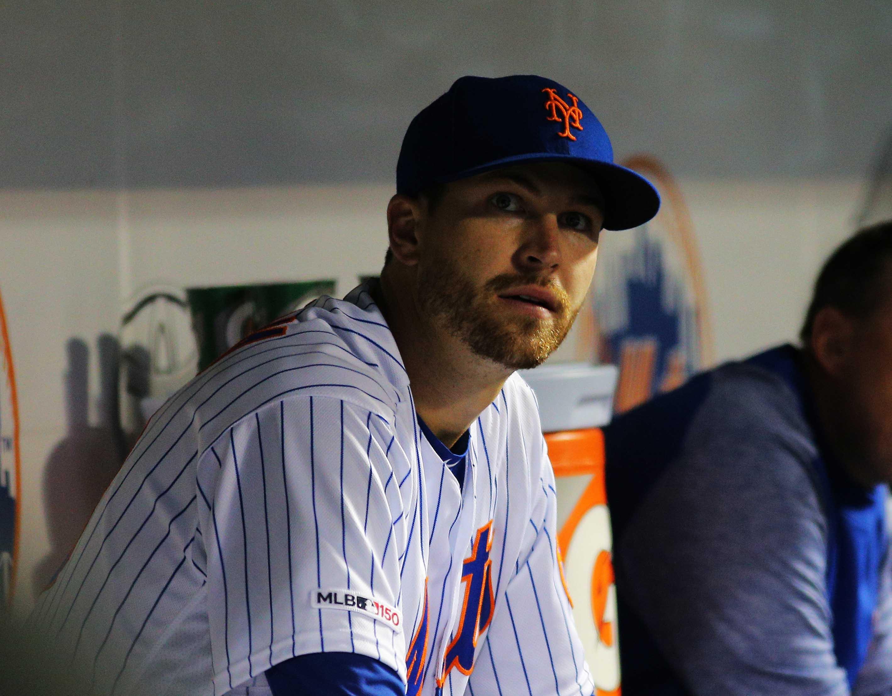 Apr 26, 2019; New York City, NY, USA; New York Mets starting pitcher Jacob deGrom (48) looks on from the dugout after giving up five runs against the Milwaukee Brewers during the third inning at Citi Field. Mandatory Credit: Andy Marlin-USA TODAY Sports / Andy Marlin