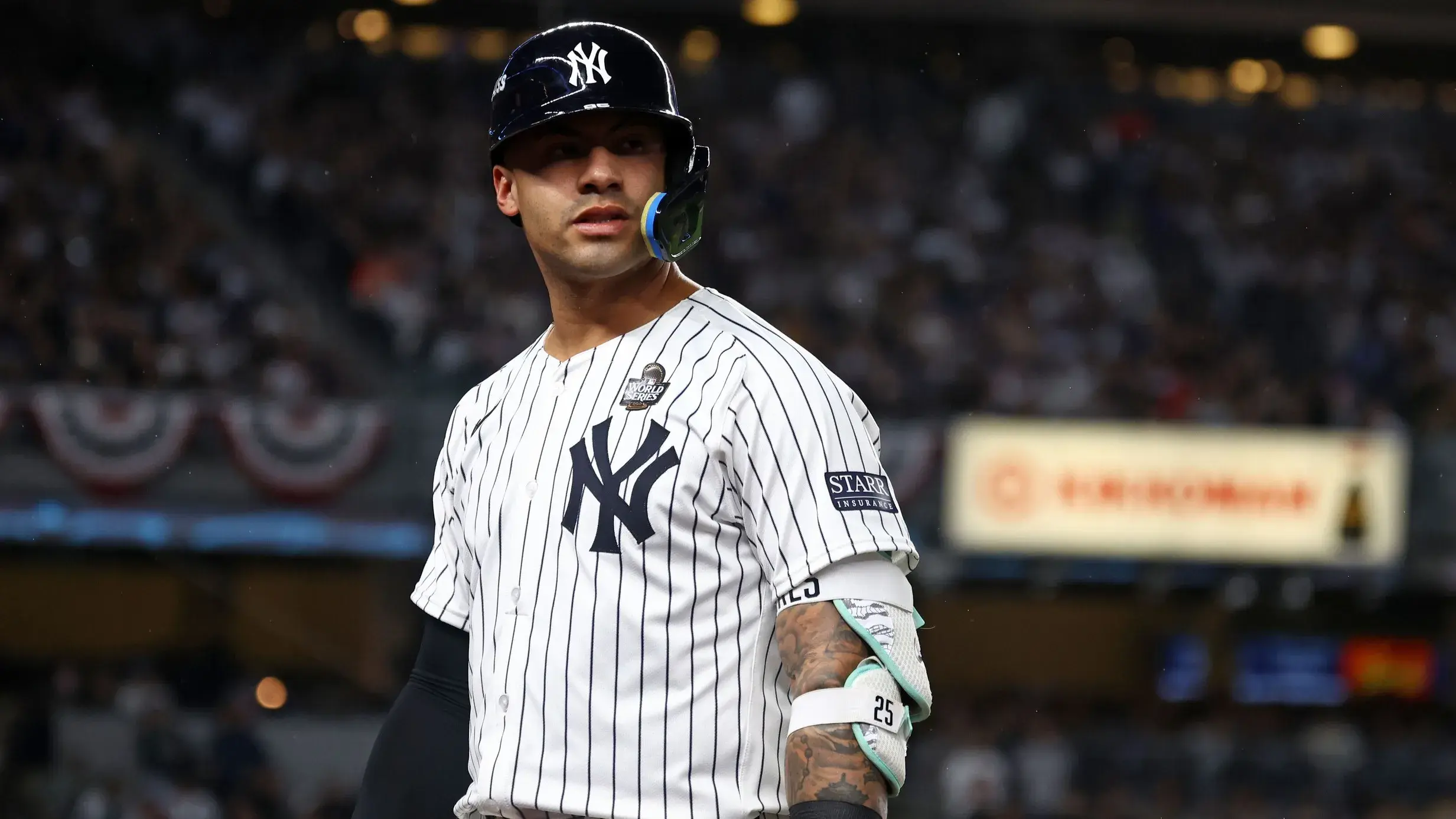 Oct 29, 2024; Bronx, New York, USA; New York Yankees second baseman Gleyber Torres (25) reacts after an out against the Los Angeles Dodgers in the first inning during game four of the 2024 MLB World Series at Yankee Stadium. / Vincent Carchietta-Imagn Images