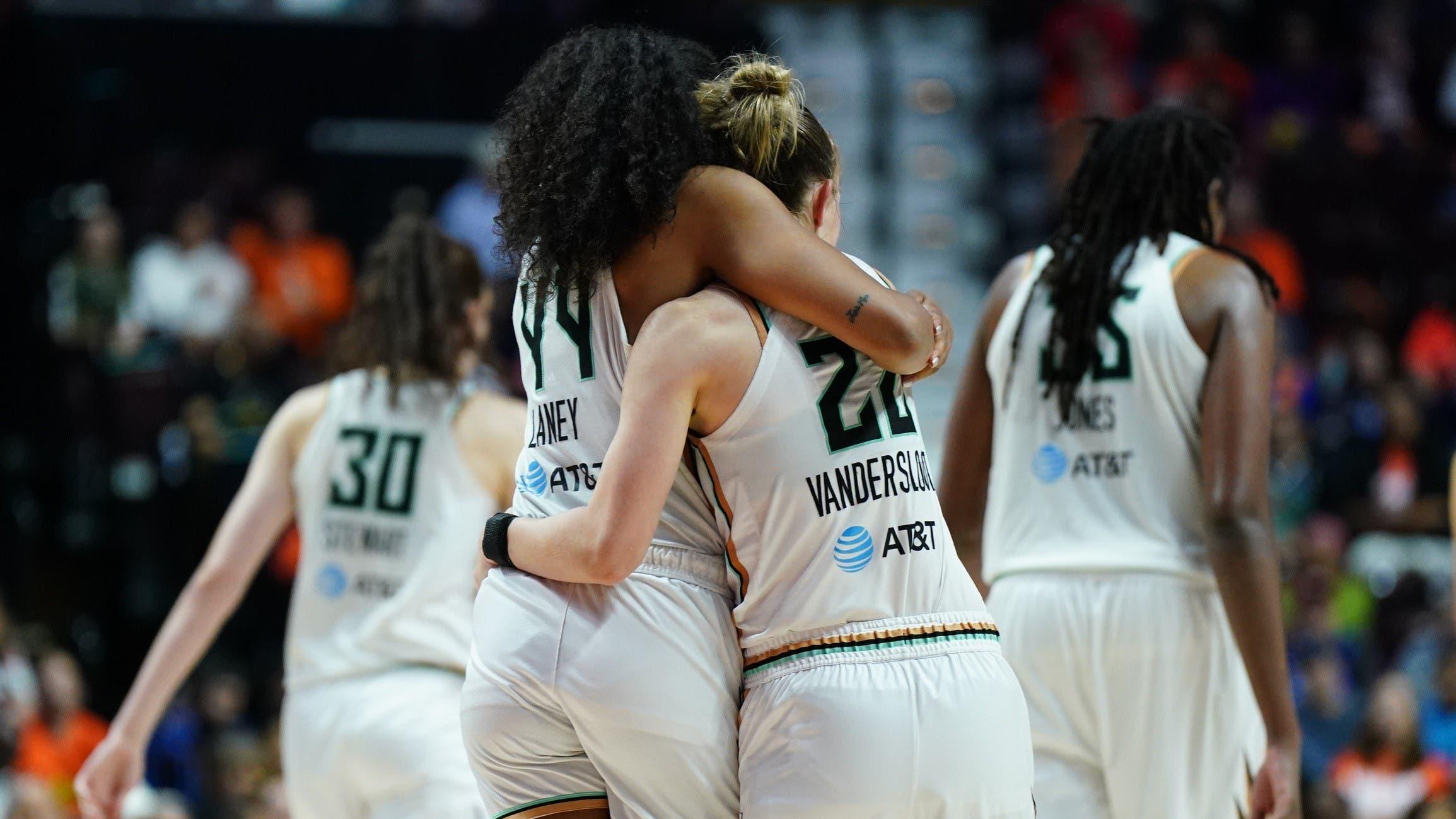 Oct 1, 2023; Uncasville, Connecticut, USA; New York Liberty forward Betnijah Laney (44) and guard Courtney Vandersloot (22) react after a play against the Connecticut Sun in the second half during game four of the 2023 WNBA Playoffs at Mohegan Sun Arena. / David Butler II-USA TODAY Sports