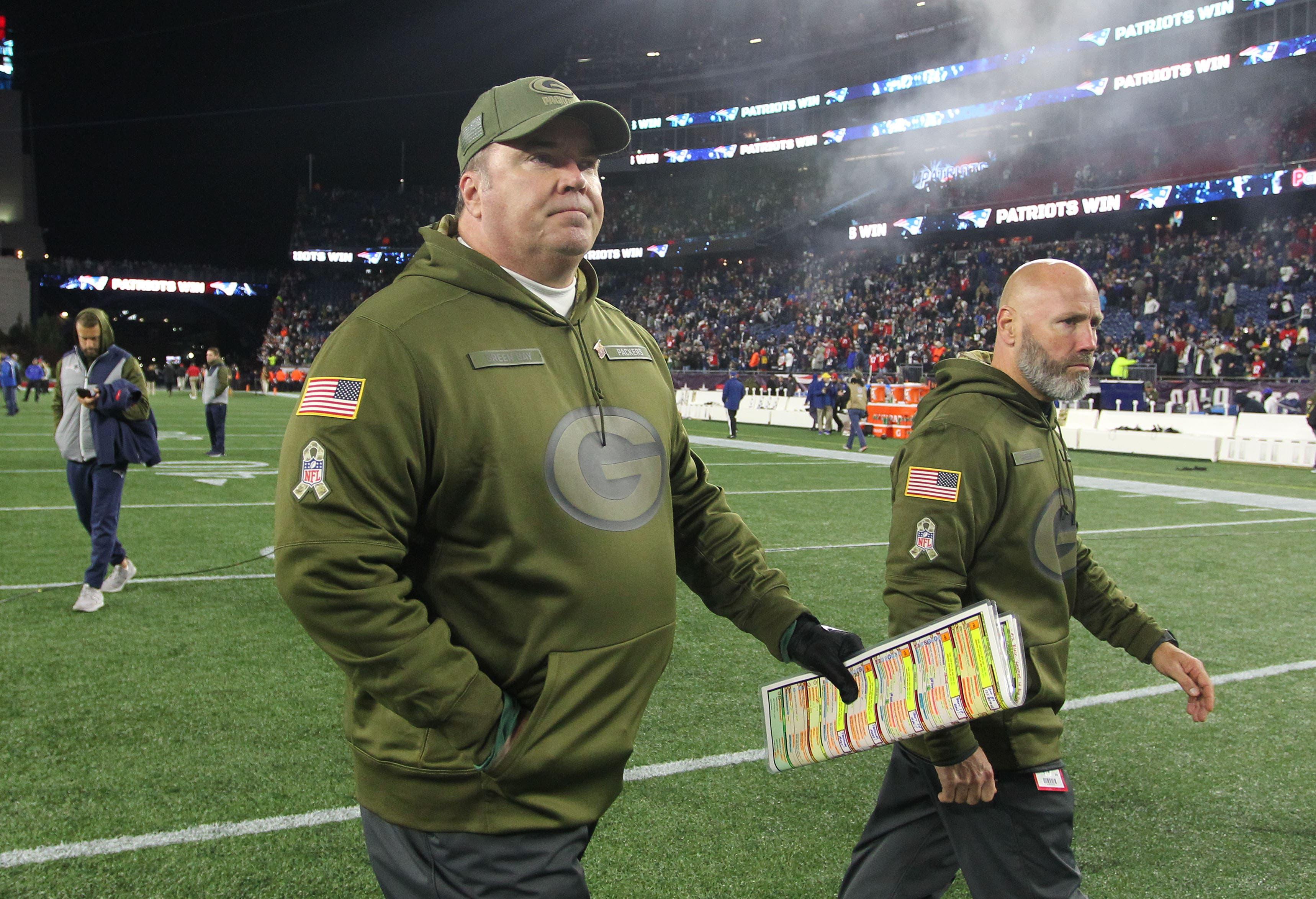 Nov 4, 2018; Foxborough, MA, USA; Green Bay Packers head coach Mike McCarthy walks off the field following a loss to the New England Patriots at Gillette Stadium. Mandatory Credit: Stew Milne-USA TODAY Sports / Stew Milne