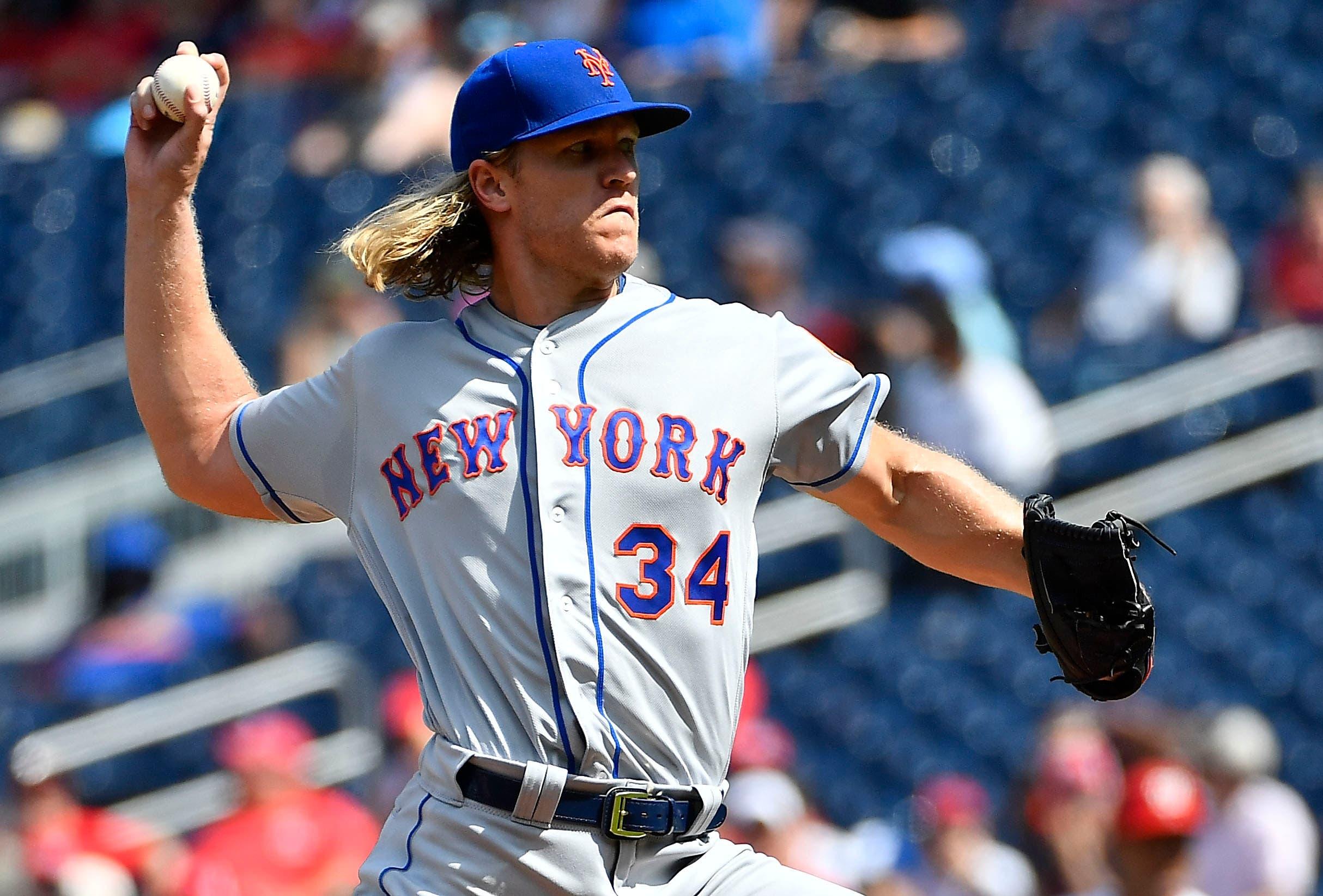 Sep 2, 2019; Washington, DC, USA; New York Mets starting pitcher Noah Syndergaard (34) throws to the Washington Nationals during the fourth inning at Nationals Park. Mandatory Credit: Brad Mills-USA TODAY Sports / Brad Mills