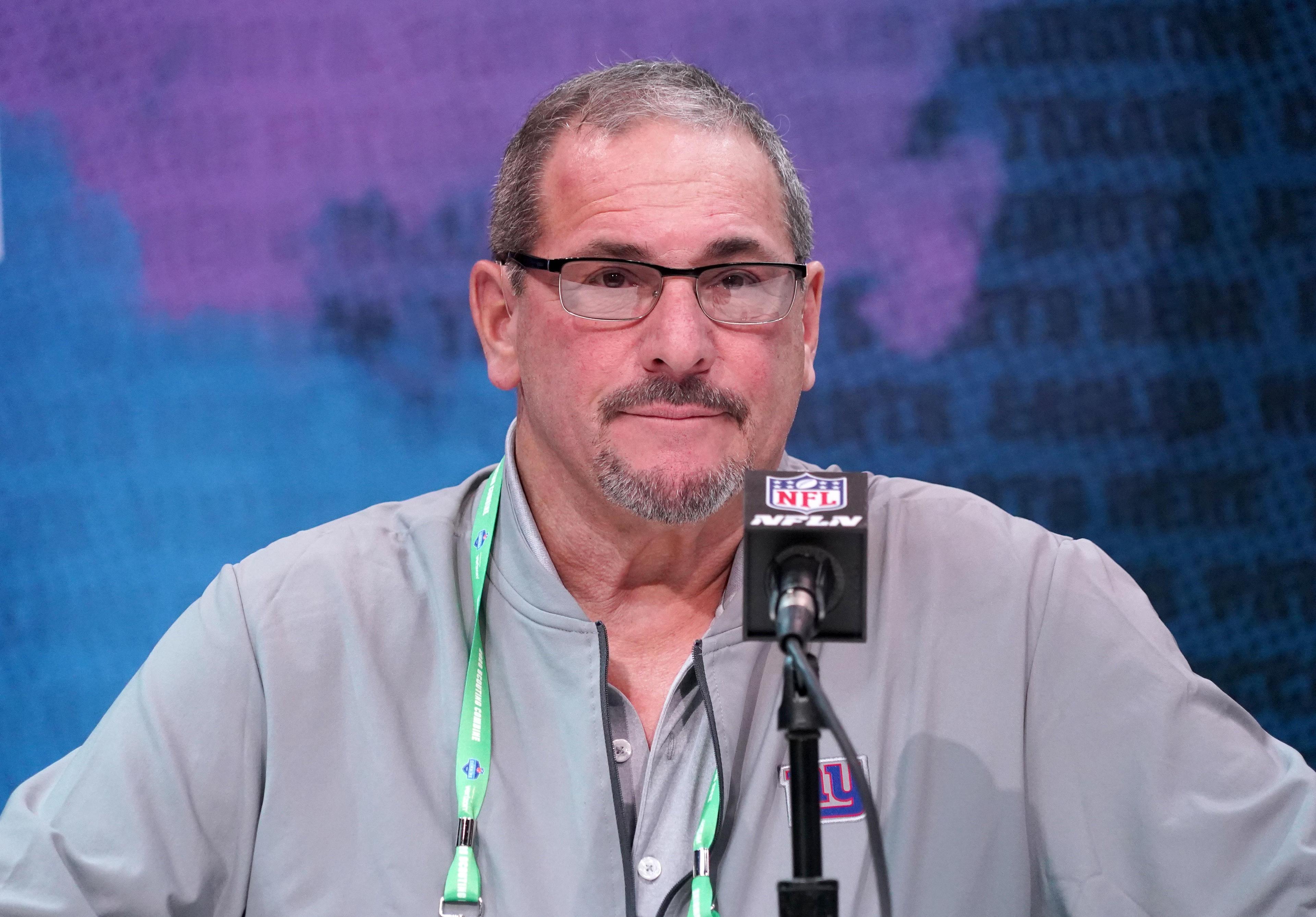 Feb 25, 2020; Indianapolis, Indiana, USA; New York Giants general manager Dave Gettleman uring the NFL Scouting Combine at the Indiana Convention Center. Mandatory Credit: Kirby Lee-USA TODAY Sports / Kirby Lee