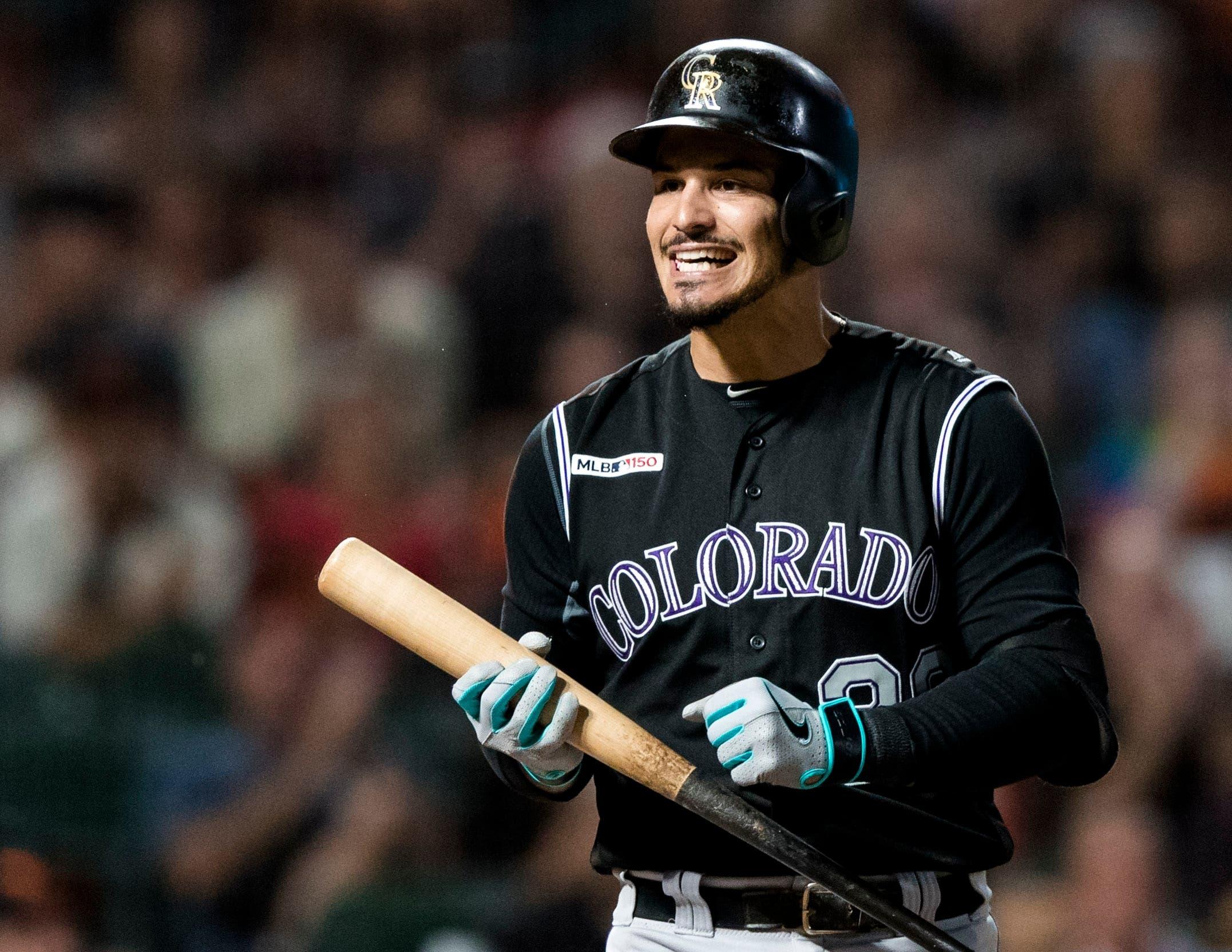 Sep 24, 2019; San Francisco, CA, USA; Colorado Rockies third baseman Nolan Arenado (28) reacts after striking out against the San Francisco Giants in the third inning at Oracle Park. Mandatory Credit: John Hefti-USA TODAY Sports / John Hefti