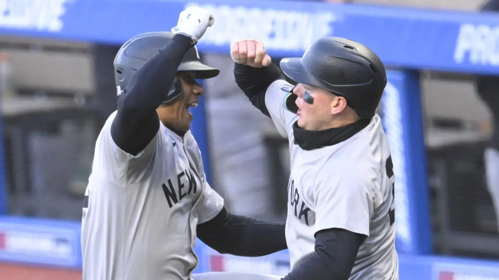 Apr 13, 2024; Cleveland, Ohio, USA; New York Yankees right fielder Juan Soto (22) celebrate his three-run home run with left fielder Alex Verdugo (24) in the fourth inning against the Cleveland Guardians at Progressive Field. / David Richard-USA TODAY Sports