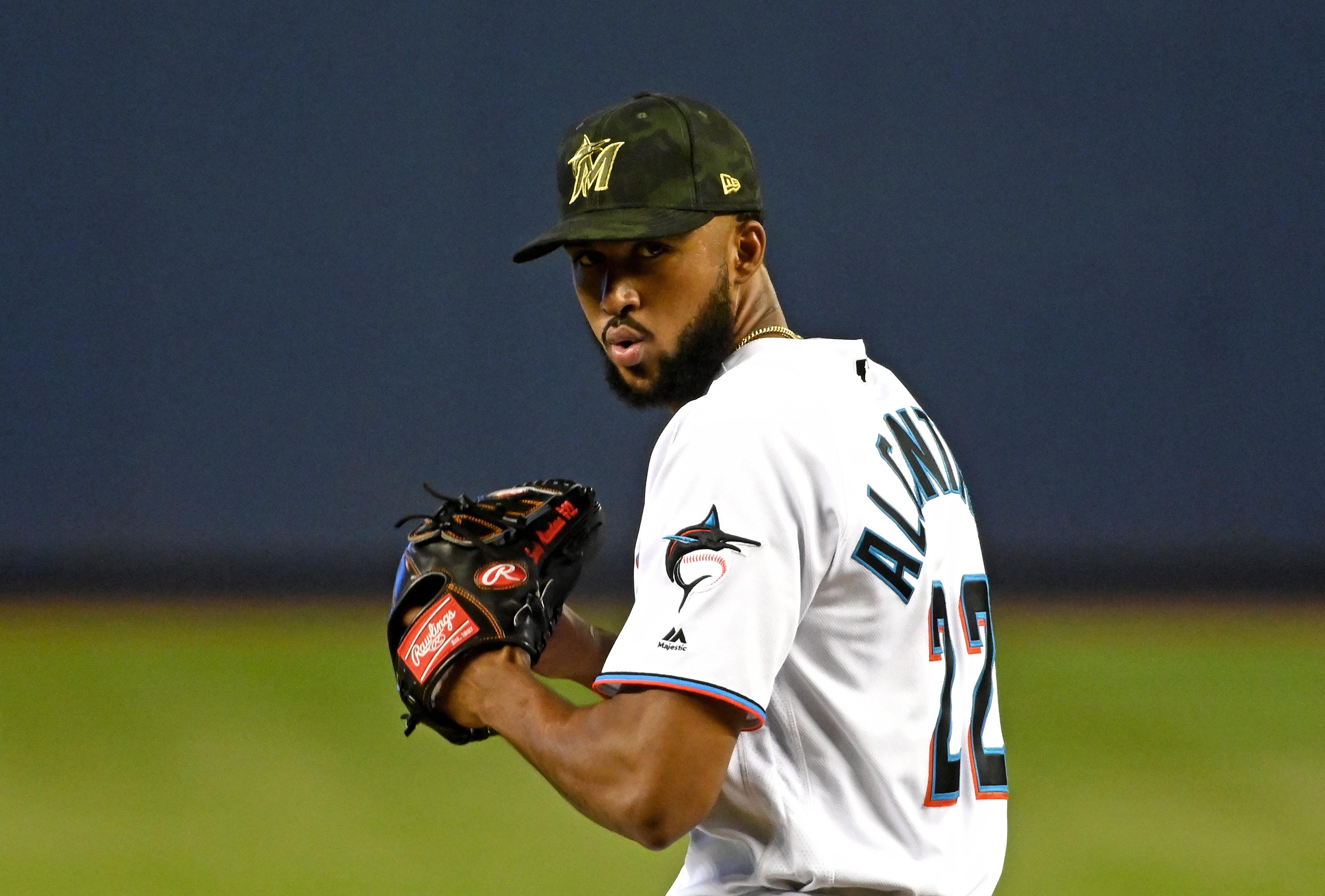 May 19, 2019; Miami, FL, USA; Miami Marlins starting pitcher Sandy Alcantara (22) delivers a pitch in the first inning against the New York Mets at Marlins Park. Mandatory Credit: Steve Mitchell-USA TODAY Sports