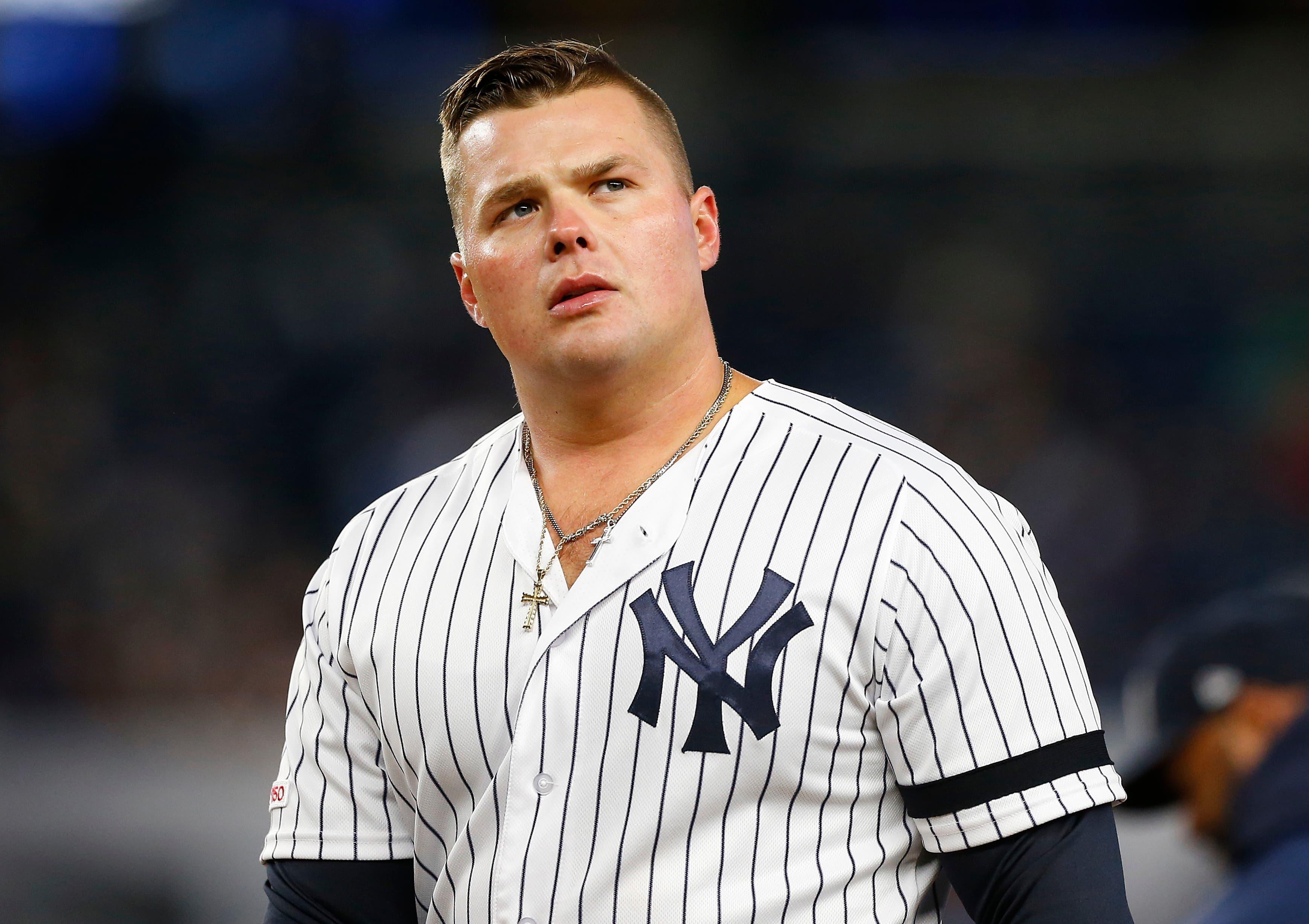 Apr 2, 2019; Bronx, NY, USA; New York Yankees first baseman Luke Voit (45) reacts after an out in the third inning against the Detroit Tigers at Yankee Stadium. Mandatory Credit: Noah K. Murray-USA TODAY Sports / Noah K. Murray