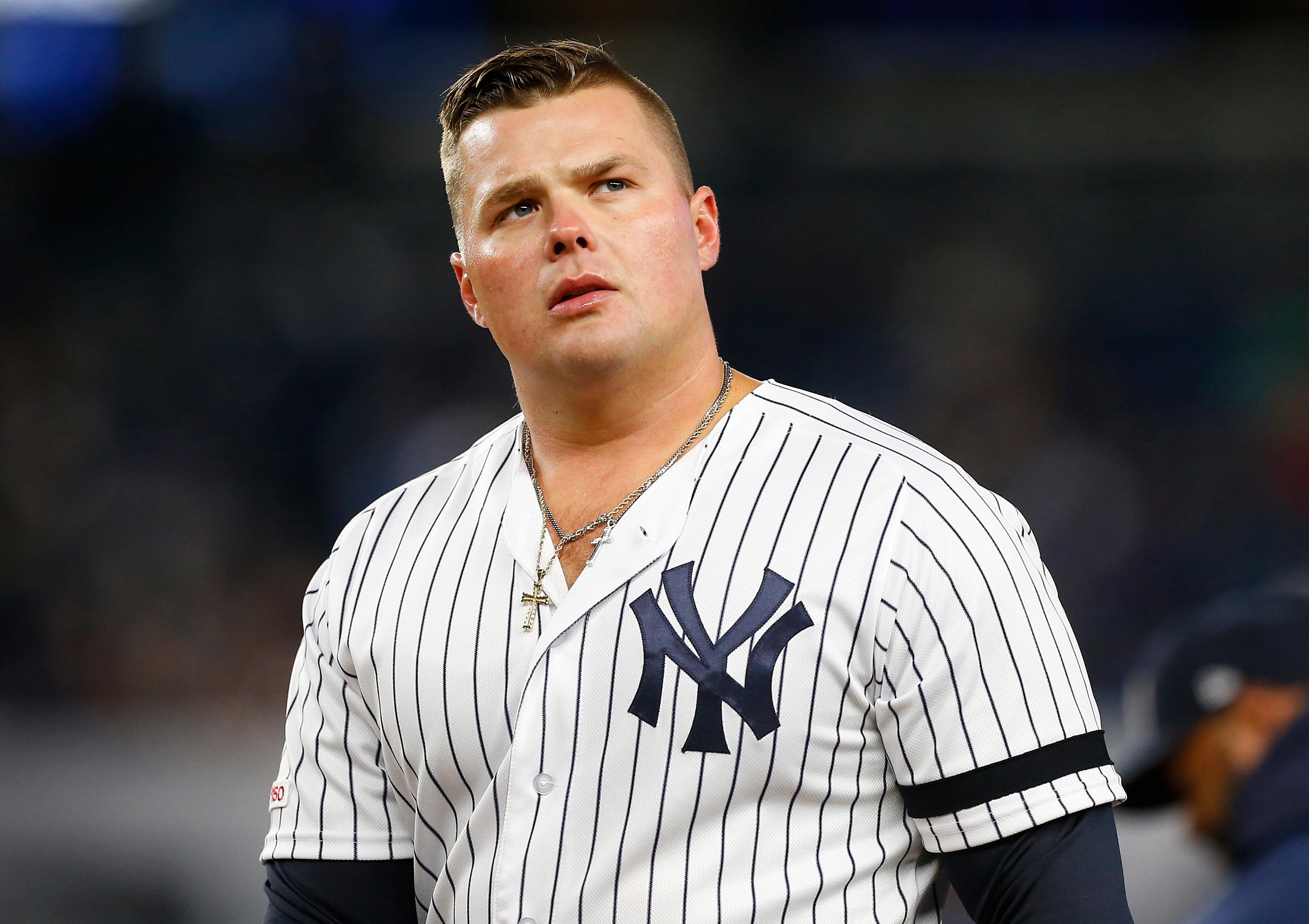 Apr 2, 2019; Bronx, NY, USA; New York Yankees first baseman Luke Voit (45) reacts after an out in the third inning against the Detroit Tigers at Yankee Stadium. Mandatory Credit: Noah K. Murray-USA TODAY Sports 