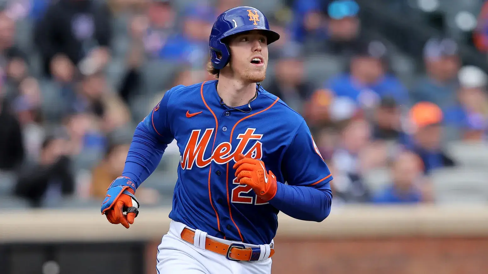 May 1, 2023; New York City, New York, USA; New York Mets third baseman Brett Baty (22) rounds the bases after hitting a solo home run against the Atlanta Braves during the sixth inning at Citi Field. / Brad Penner-USA TODAY Sports