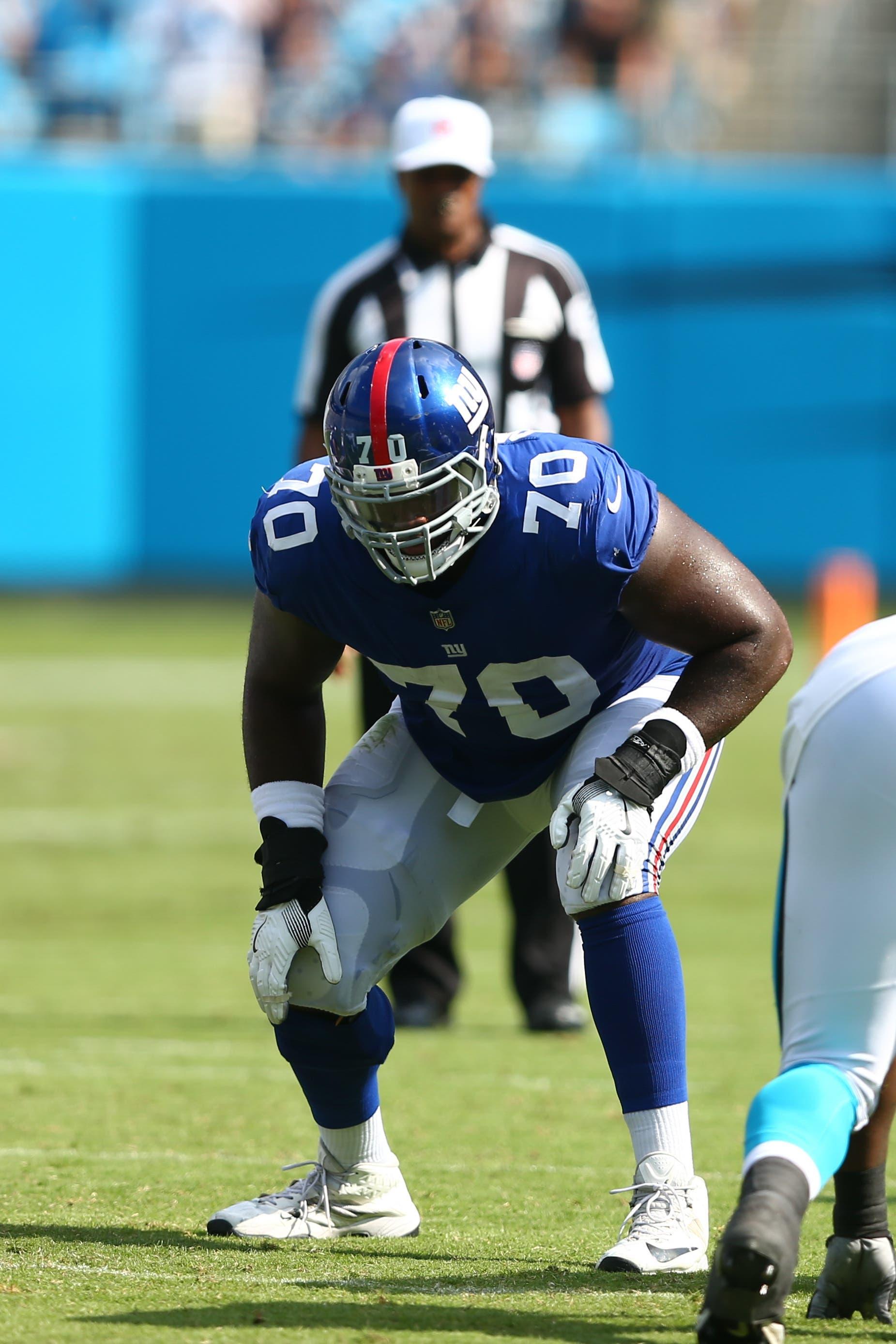 Patrick Omameh (70) lines up during the game against the Carolina Panthers at Bank of America Stadium. Mandatory Credit: Jeremy Brevard-USA TODAY Sports / Jeremy Brevard