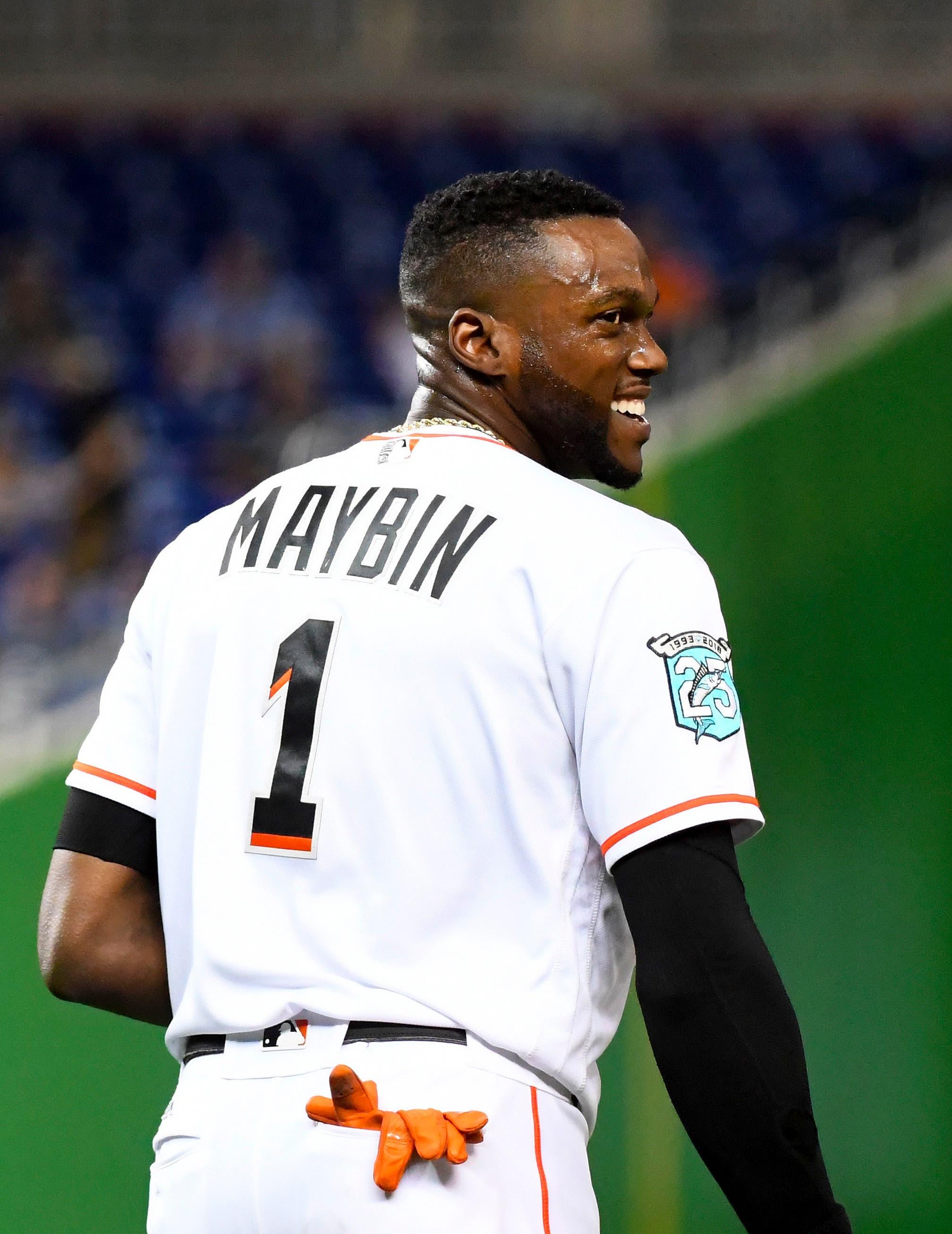 Miami Marlins left fielder Cameron Maybin reacts in the seventh inning against the Atlanta Braves at Marlins Park. / Steve Mitchell/USA TODAY Sports