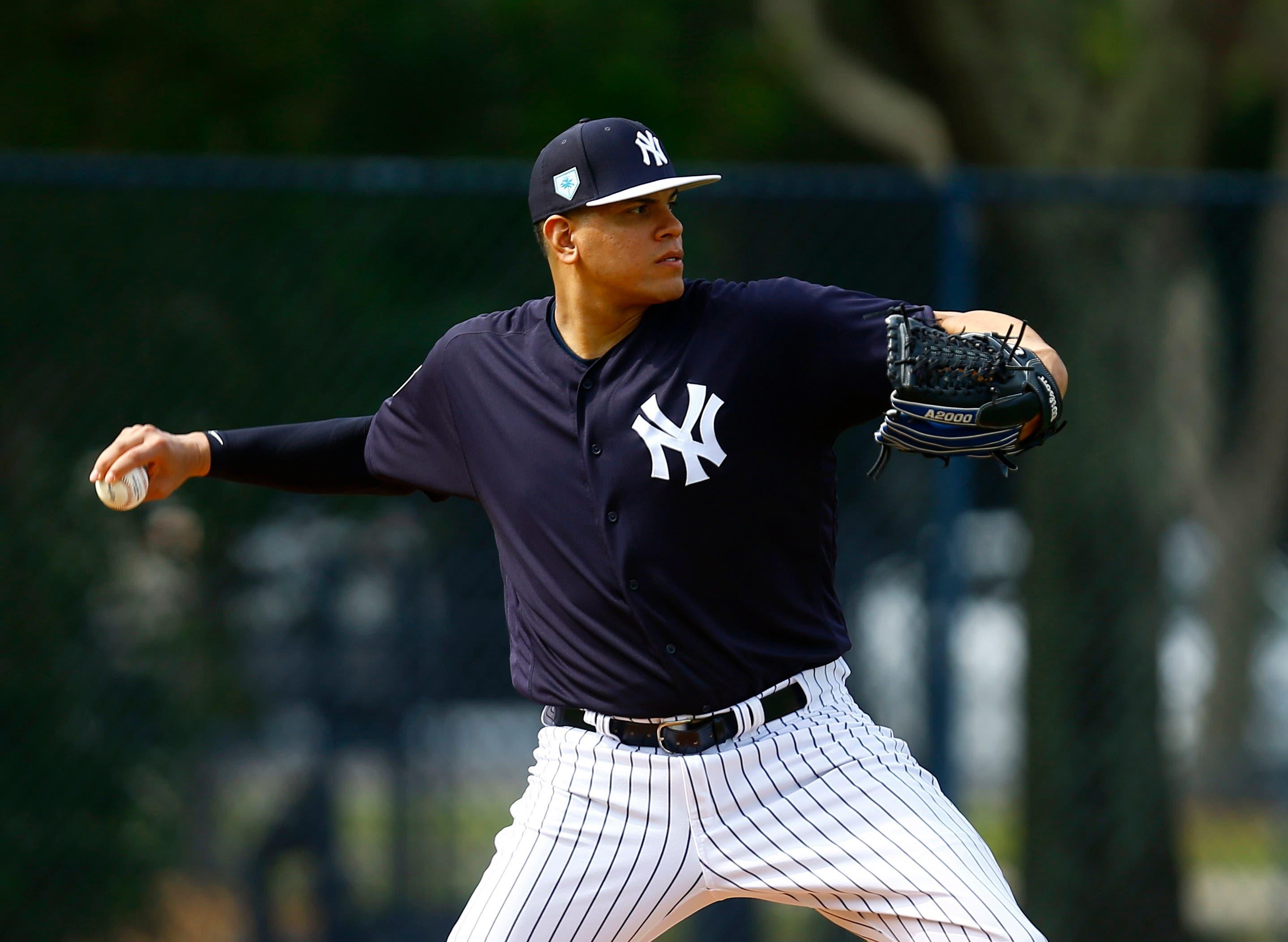 Feb 18, 2019; Tampa, FL, USA; New York Yankees relief pitcher Dellin Betances (68) throws to first base during spring training at George M. Steinbrenner Field. Mandatory Credit: Butch Dill-USA TODAY Sports / Butch Dill