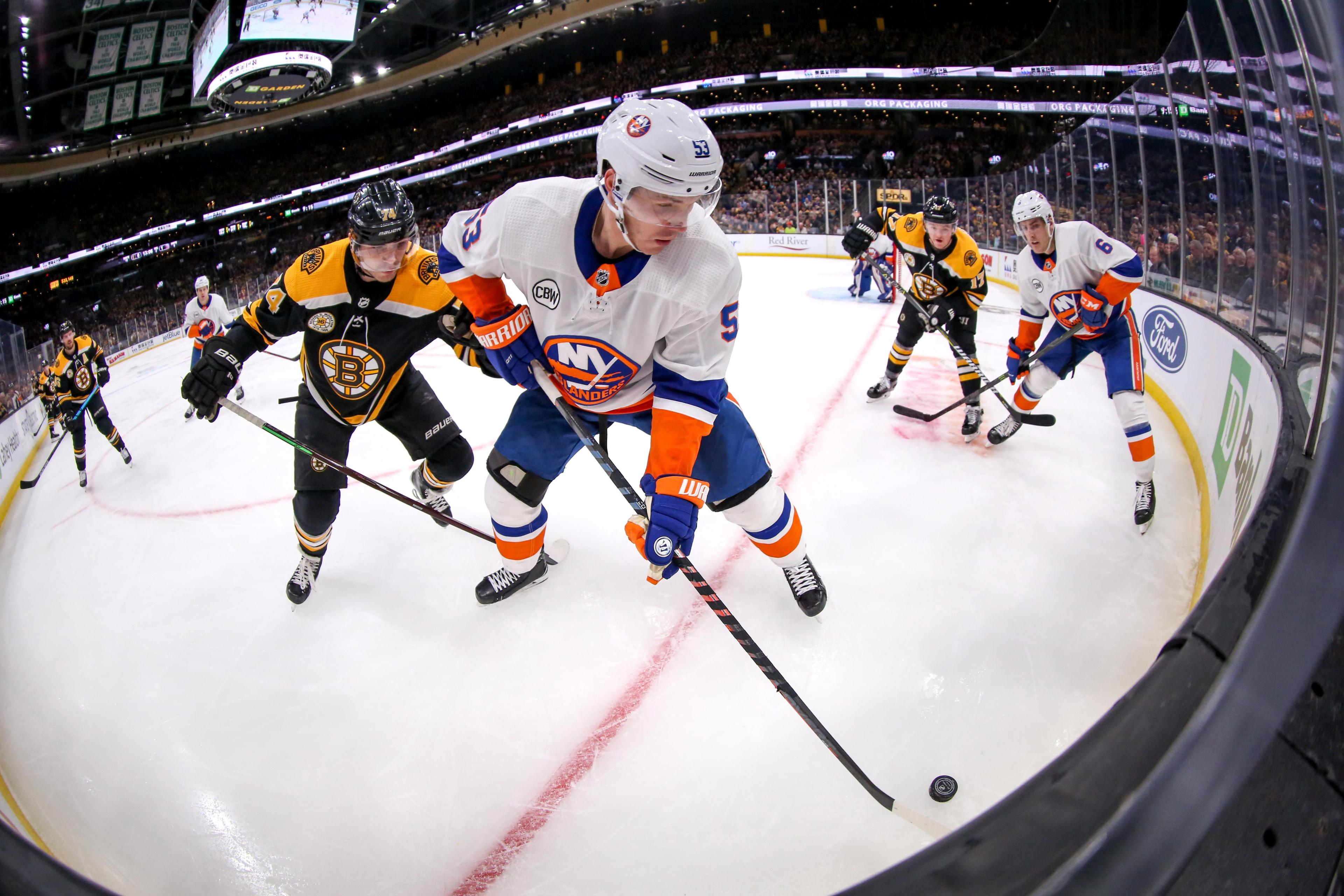 Nov 29, 2018; Boston, MA, USA; New York Islanders center Casey Cizikas (53) handles the puck against the Boston Bruins during the second period at TD Garden. Mandatory Credit: Paul Rutherford-USA TODAY Sports / Paul Rutherford