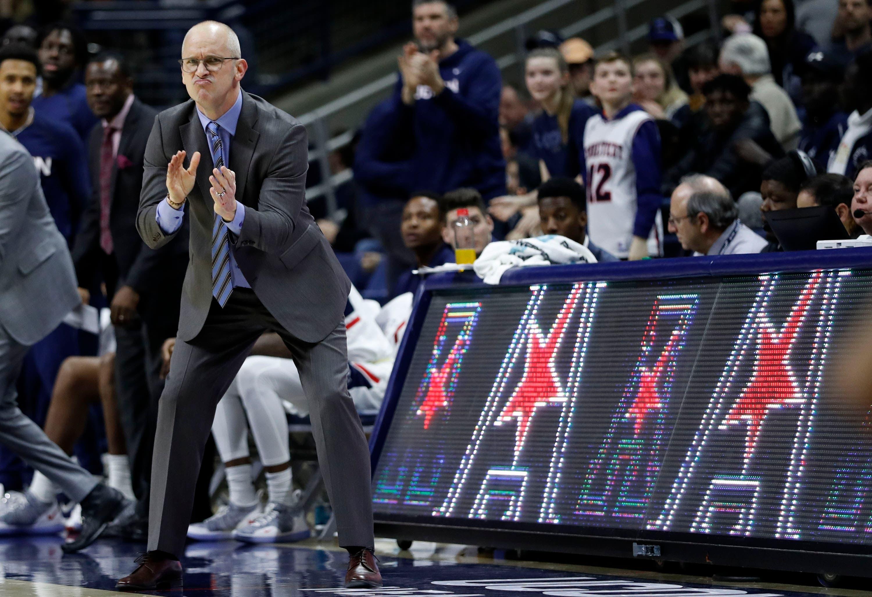 Mar 7, 2019; Storrs, CT, USA; Connecticut Huskies head coach Dan Hurley watches from the sideline as they take on the Temple Owls in the second half at Gampel Pavilion. Temple defeated UConn 78-71. Mandatory Credit: David Butler II-USA TODAY Sports / David Butler II