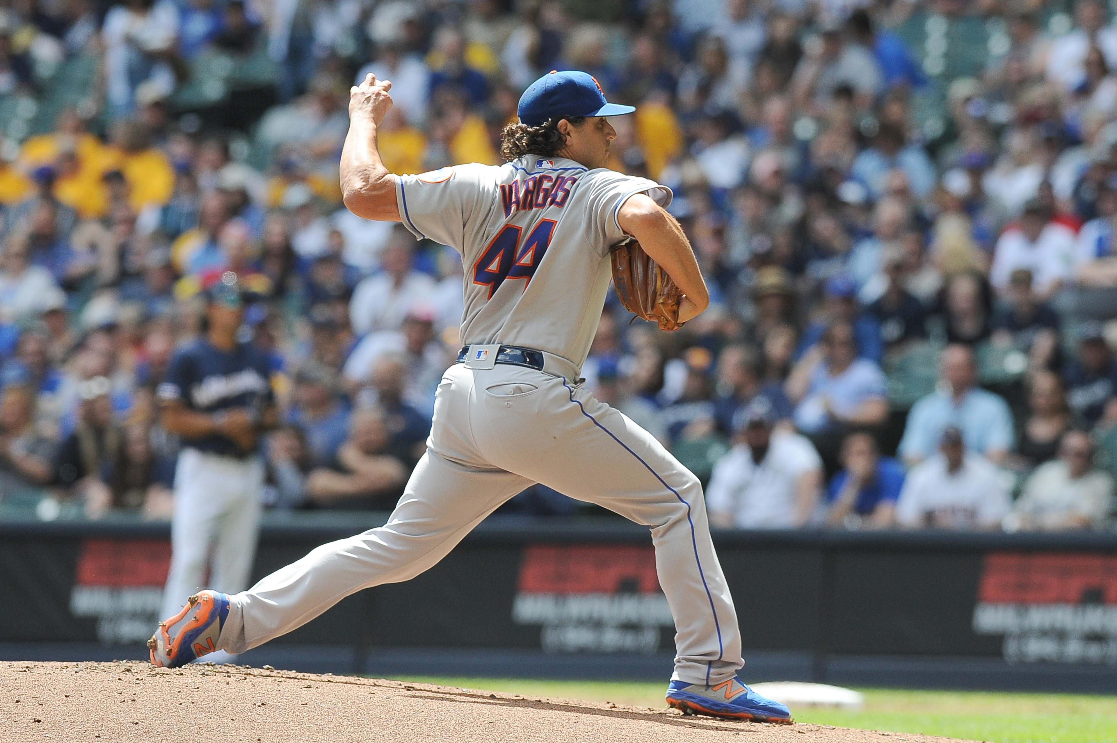 May 5, 2019; Milwaukee, WI, USA; New York Mets starting pitcher Jason Vargas (44) deliver a pitch in the first inning against the Milwaukee Brewers at Miller Park. Mandatory Credit: Michael McLoone-USA TODAY Sports / Michael McLoone