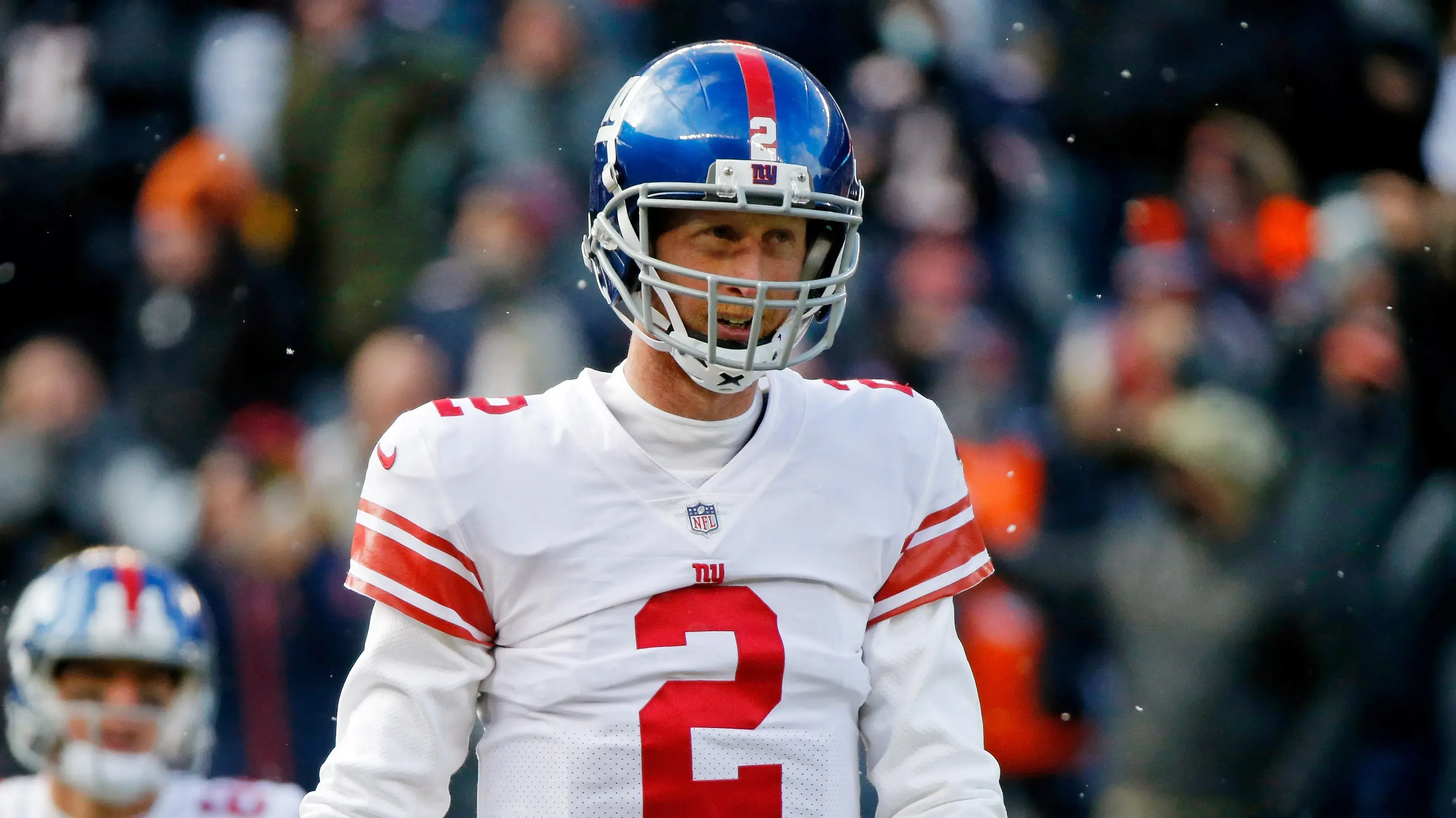 Jan 2, 2022; Chicago, Illinois, USA; New York Giants quarterback Mike Glennon (2) reacts after turning over the ball against the Chicago Bears on a fumble during the first half at Soldier Field. Mandatory Credit: Jon Durr-USA TODAY Sports / Jon Durr-USA TODAY Sports