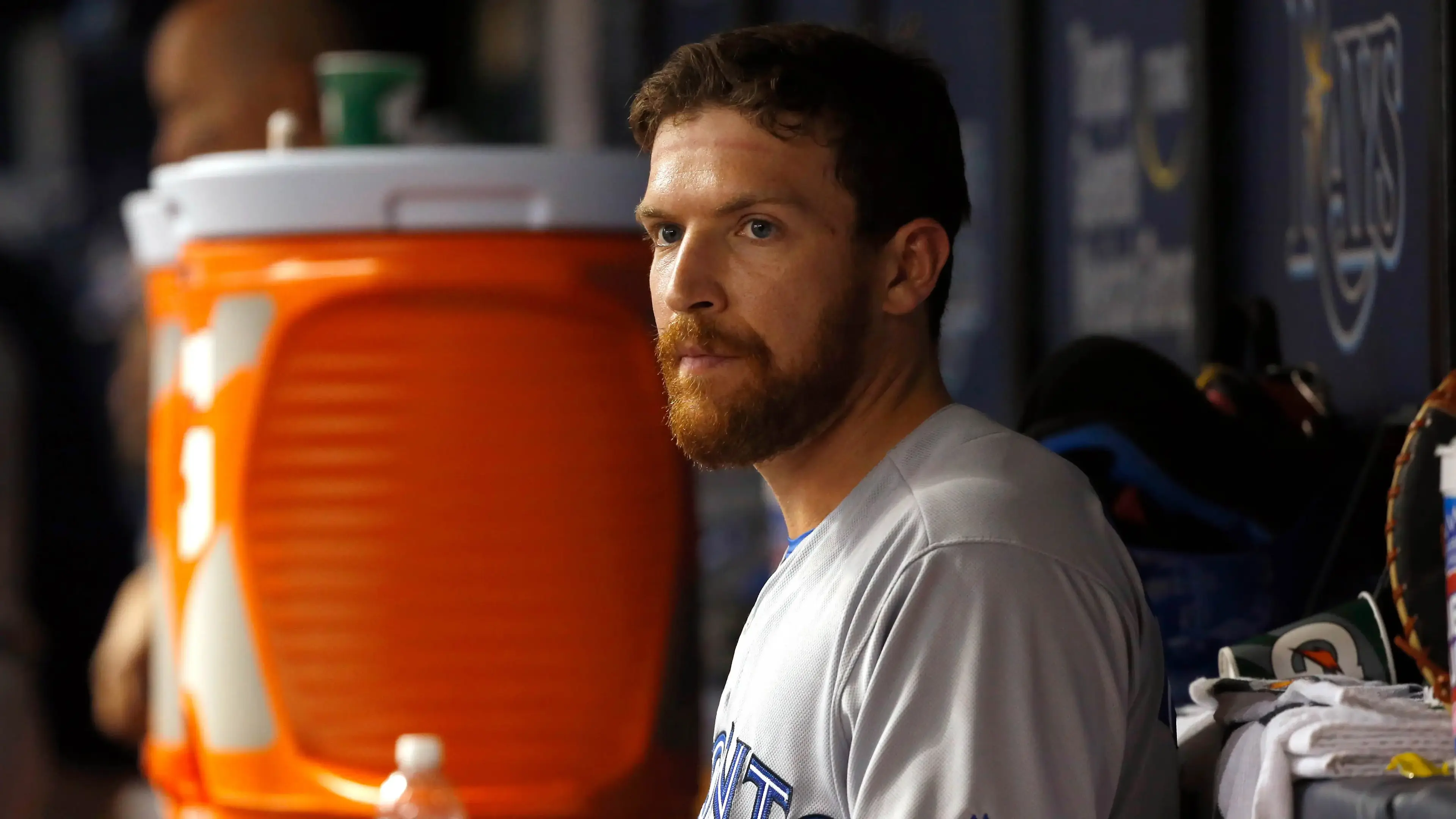 Toronto Blue Jays relief pitcher Danny Barnes (24) in the dugout against the Tampa Bay Rays at Tropicana Field. / Kim Klement-USA TODAY Sports