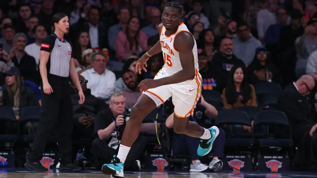 Mar 5, 2024; New York, New York, USA; Atlanta Hawks center Clint Capela (15) runs up court after a basket against the New York Knicks during the second half at Madison Square Garden.