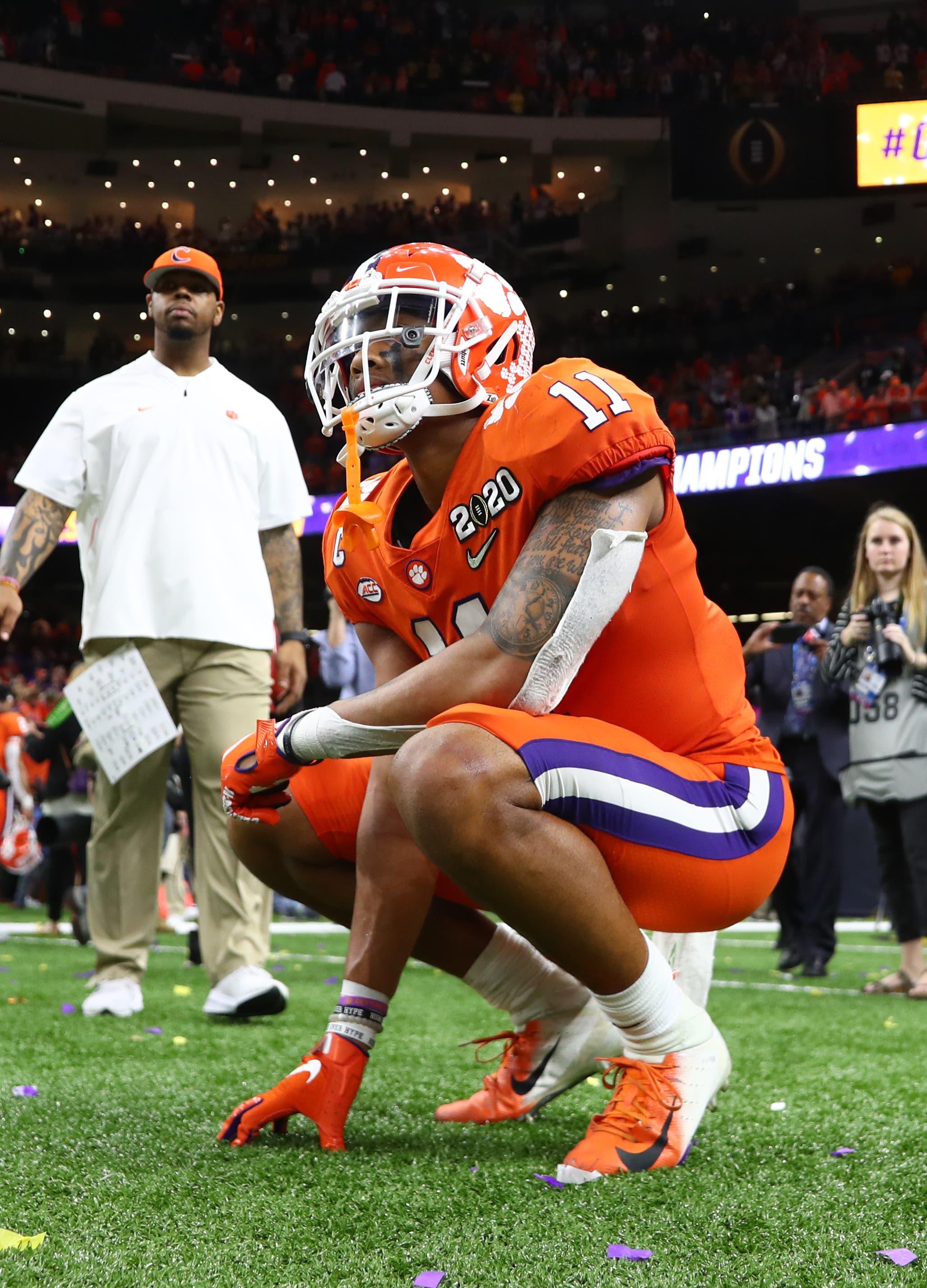 Jan 13, 2020; New Orleans, Louisiana, USA; Clemson Tigers linebacker Isaiah Simmons (11) reacts after losing the College Football Playoff national championship game against the LSU Tigers at Mercedes-Benz Superdome. Mandatory Credit: Mark J. Rebilas-USA TODAY Sports / Mark J. Rebilas